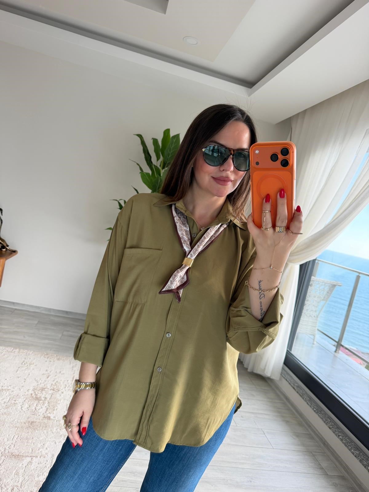 8410 Şal Flar Detaylı Gömlek olive
