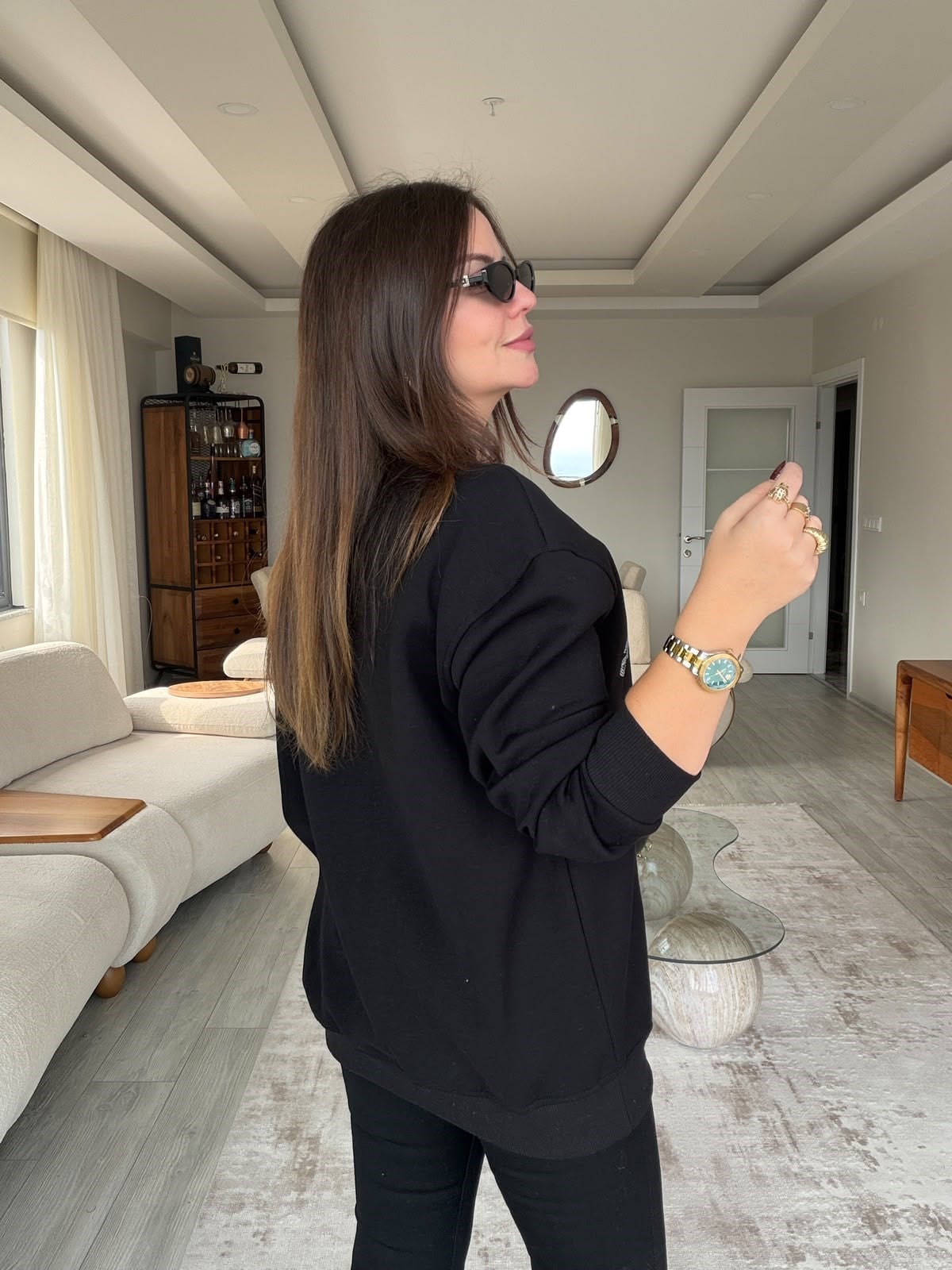 8733 Taşlı Yazılı Sweat SİYAH