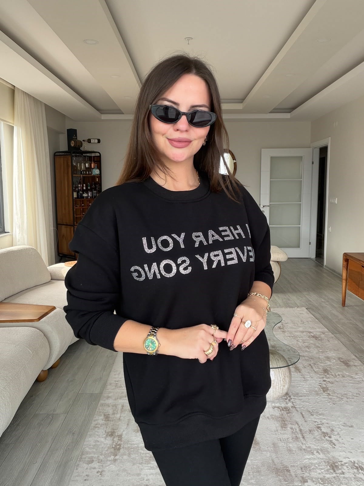 8733 Taşlı Yazılı Sweat SİYAH