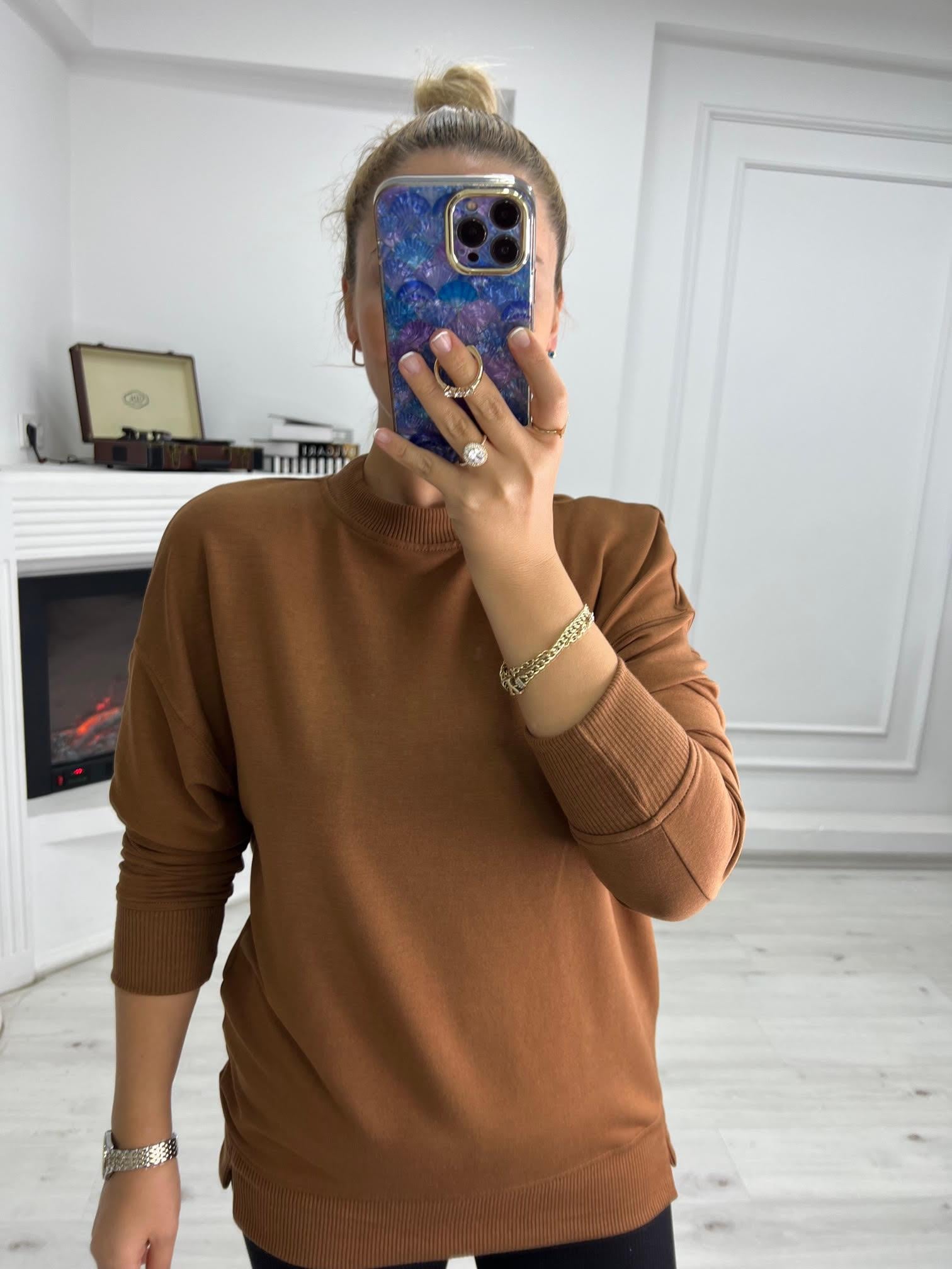 9002 Mari Düz Sweat KAHVE