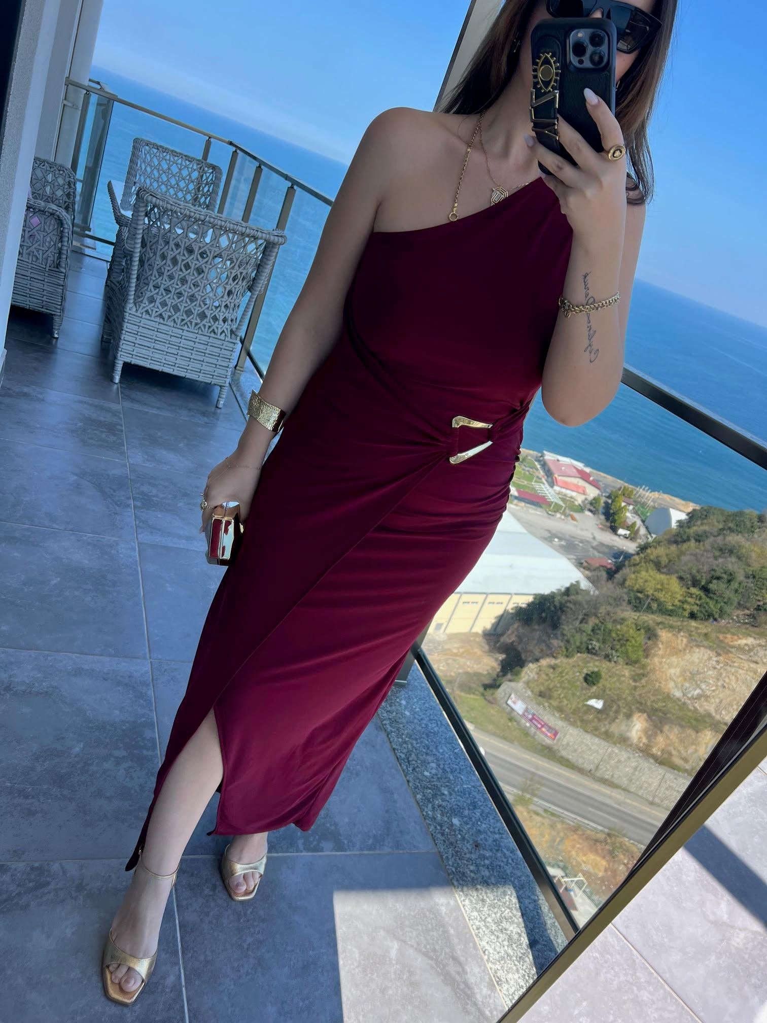 9030 Tek Omuz Sandy Elbise BORDO