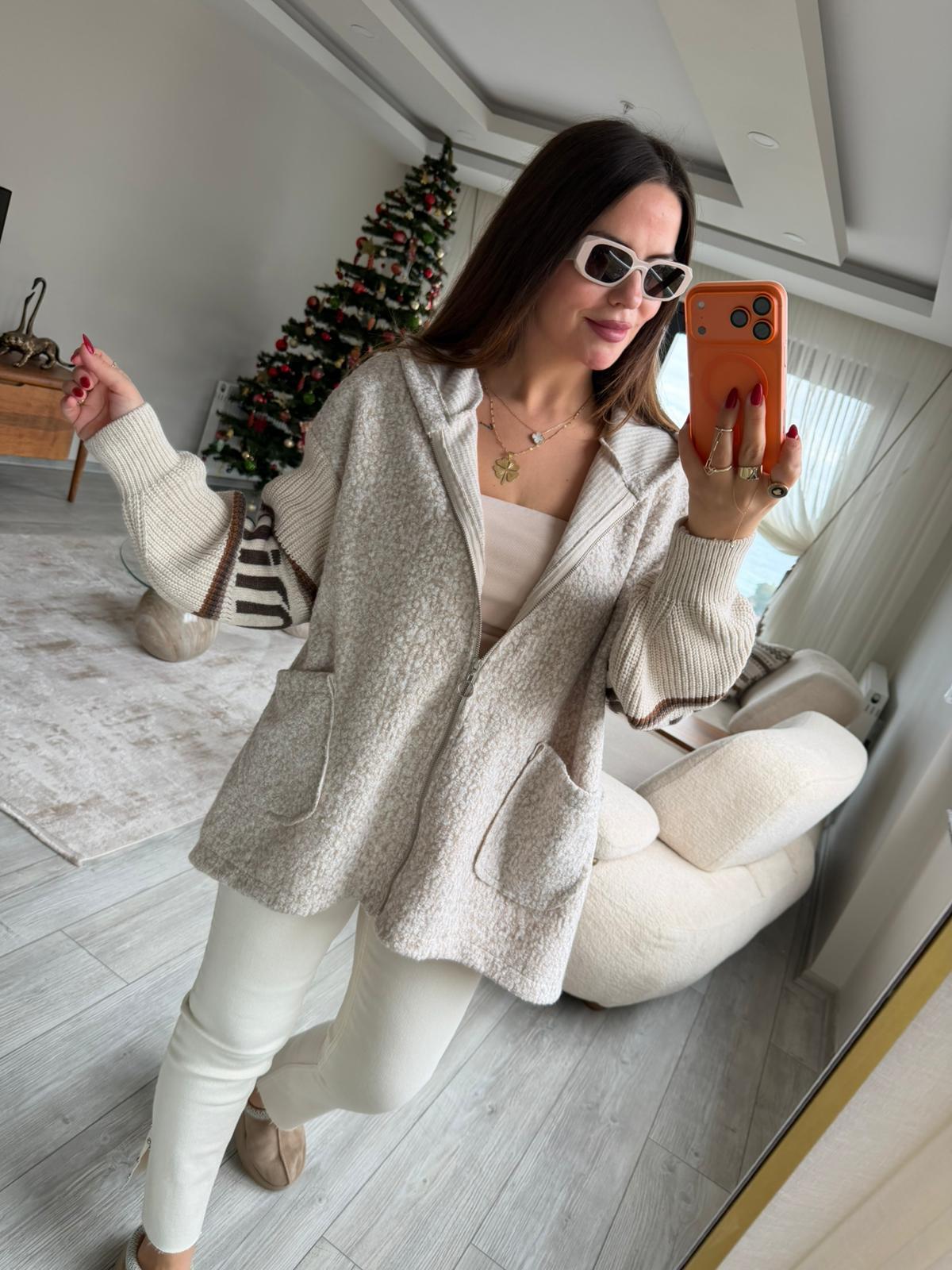 9177 Kolları Triko Deyat Ceket Hırka BEJ