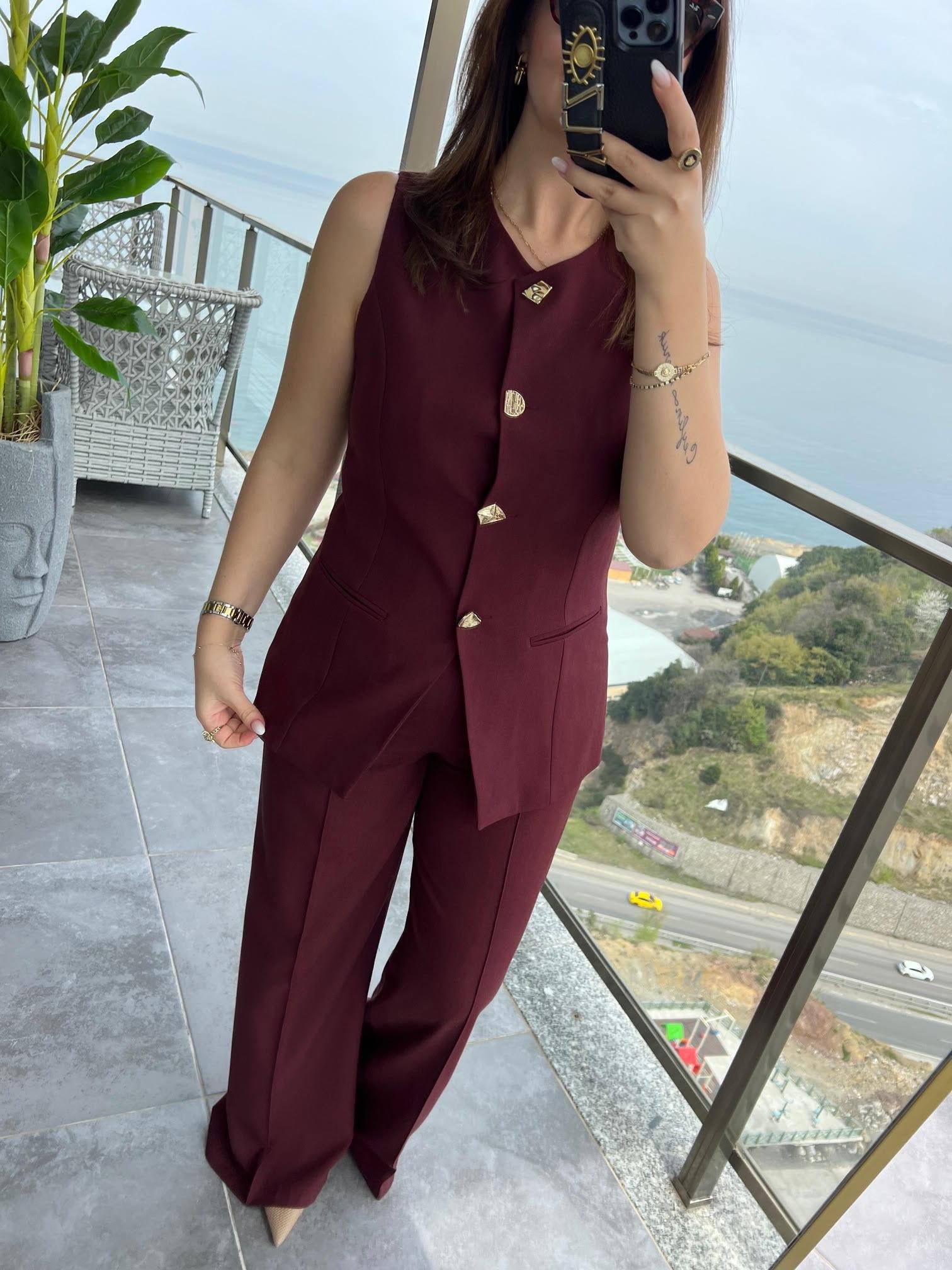 9193 Karma Düğmeli Takım BORDO