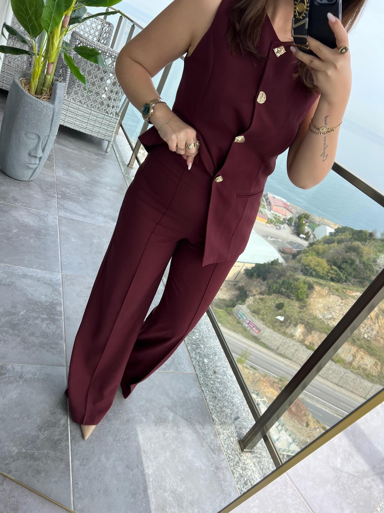 9193 Karma Düğmeli Takım BORDO