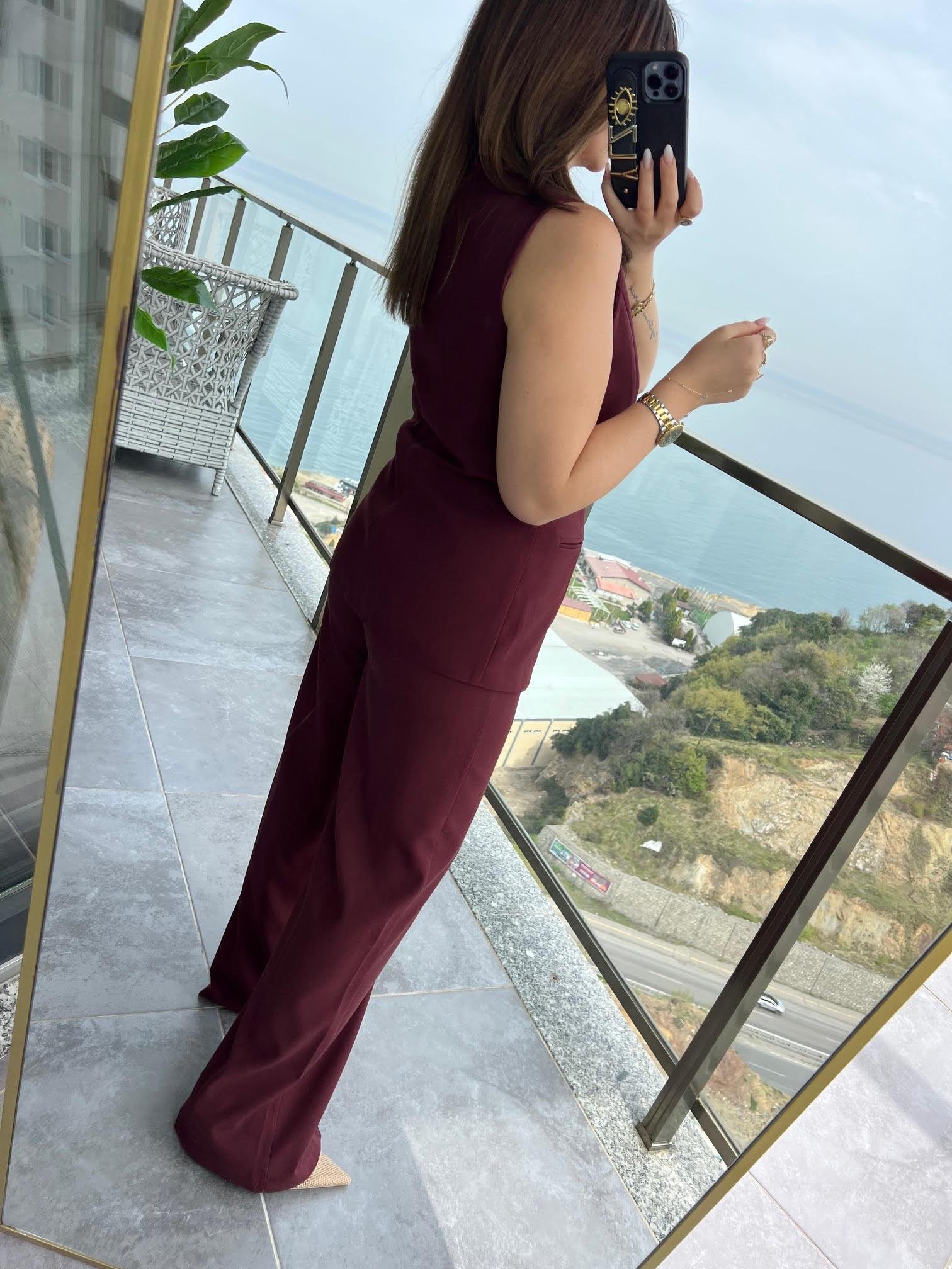 9193 Karma Düğmeli Takım BORDO