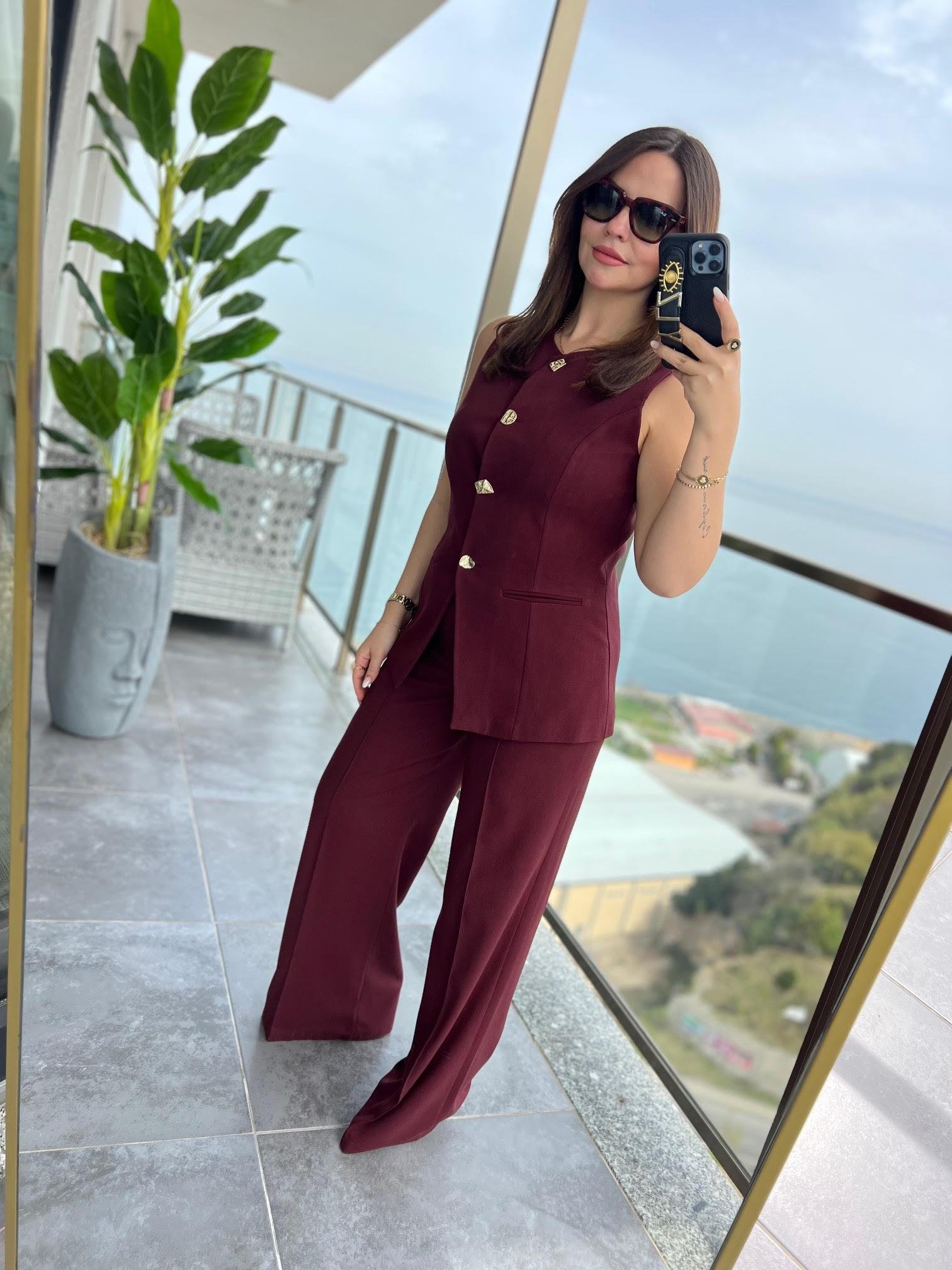 9193 Karma Düğmeli Takım BORDO