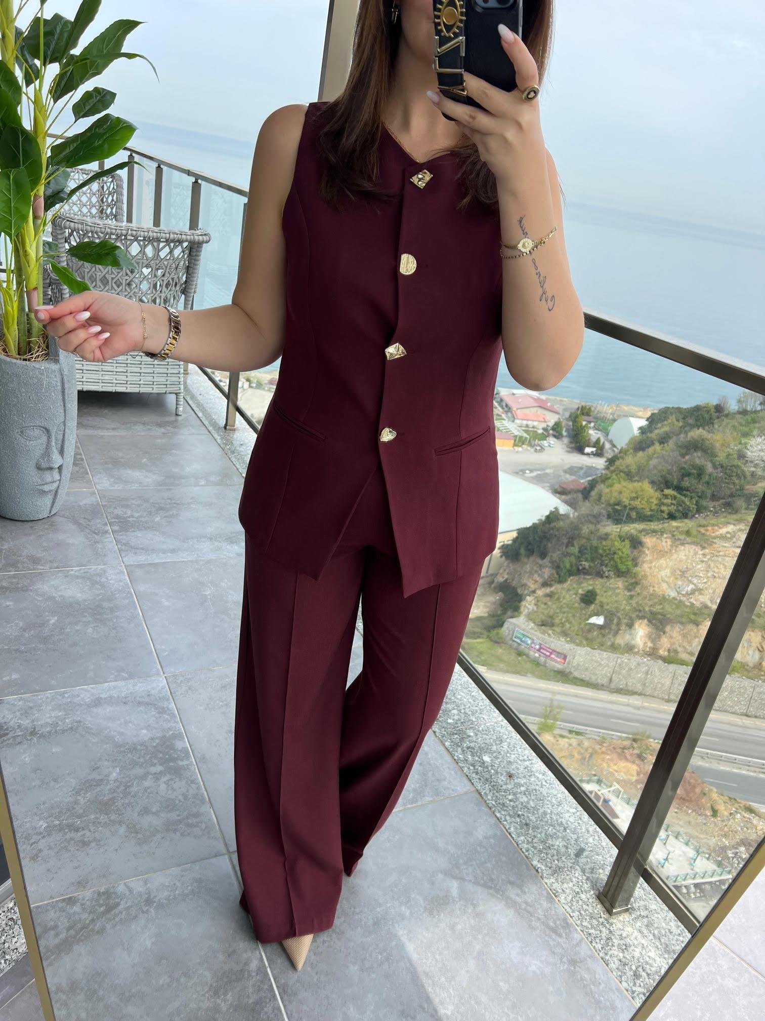 9193 Karma Düğmeli Takım BORDO