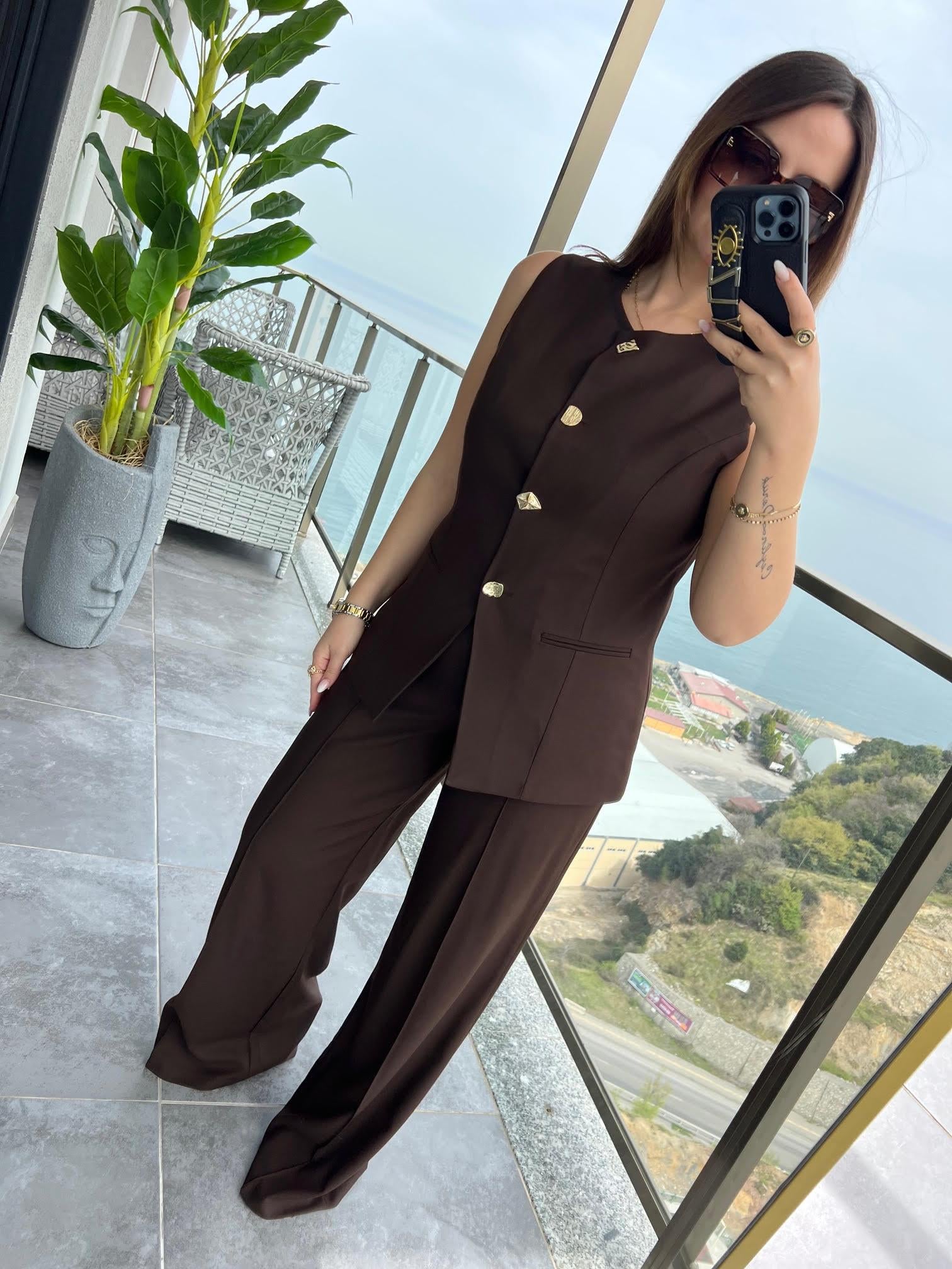 9193 Karma Düğmeli Takım KAHVE