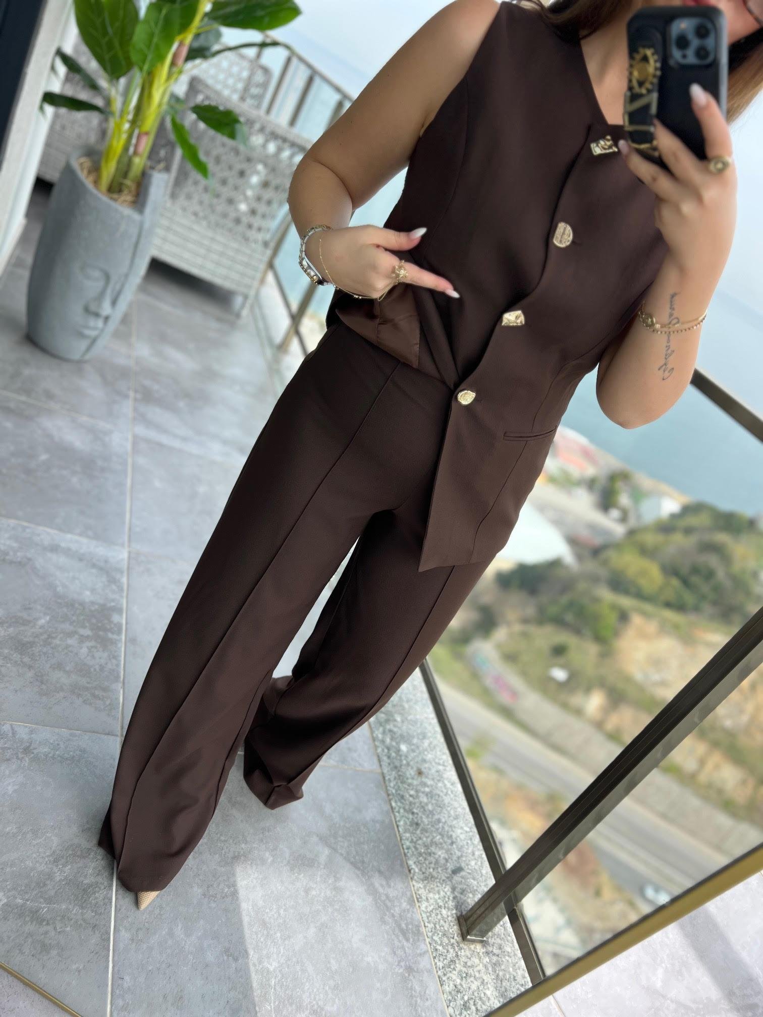 9193 Karma Düğmeli Takım KAHVE