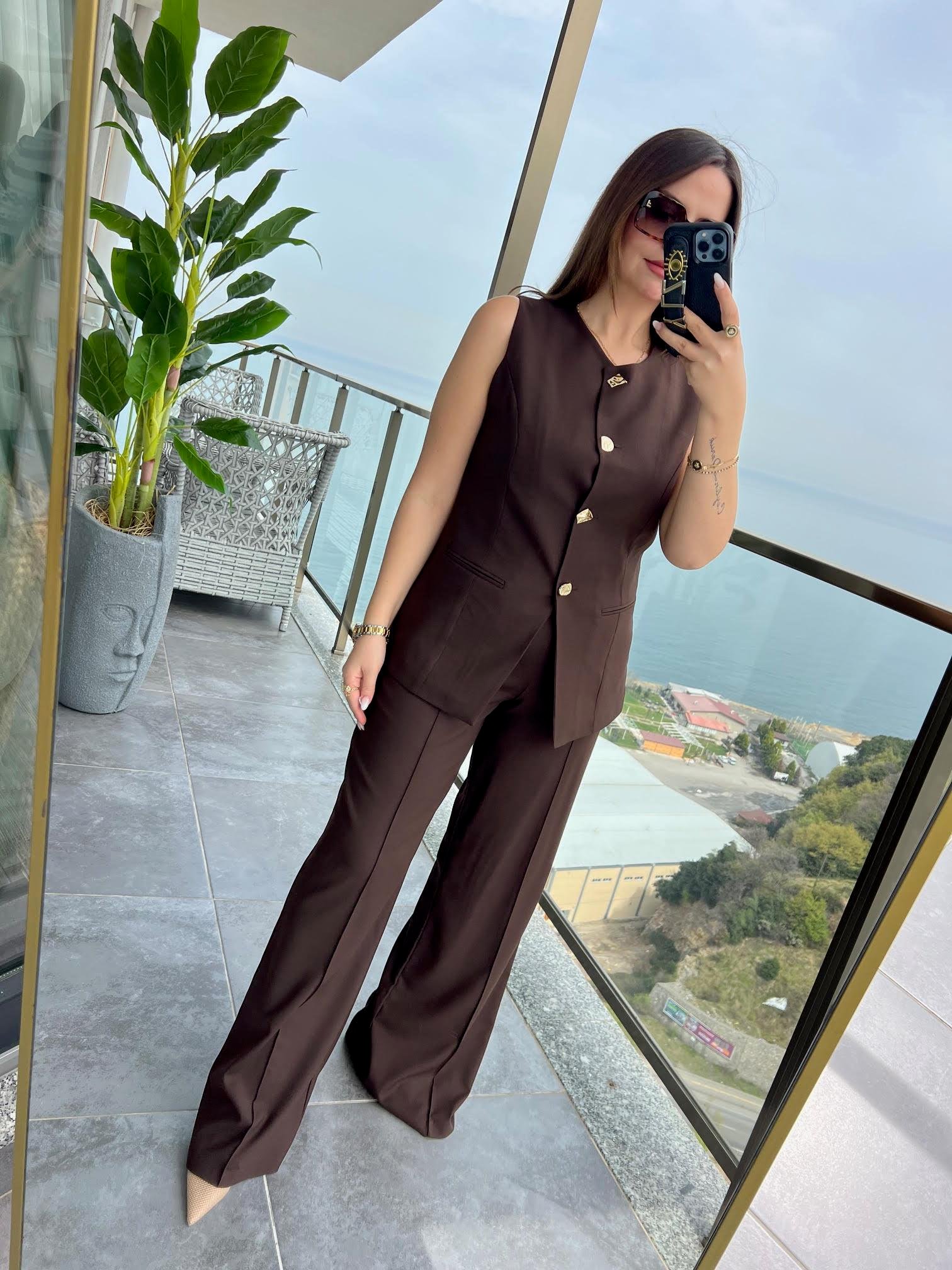 9193 Karma Düğmeli Takım KAHVE