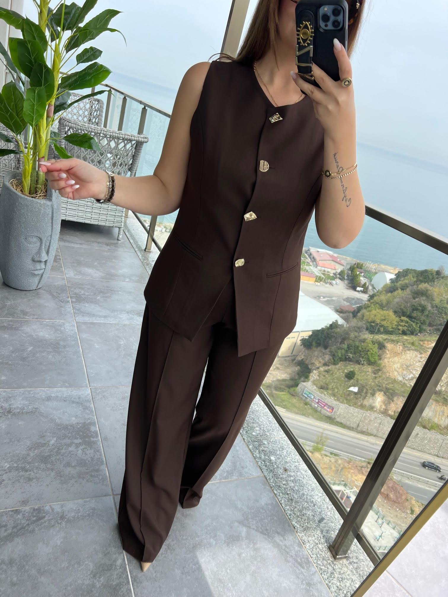 9193 Karma Düğmeli Takım KAHVE