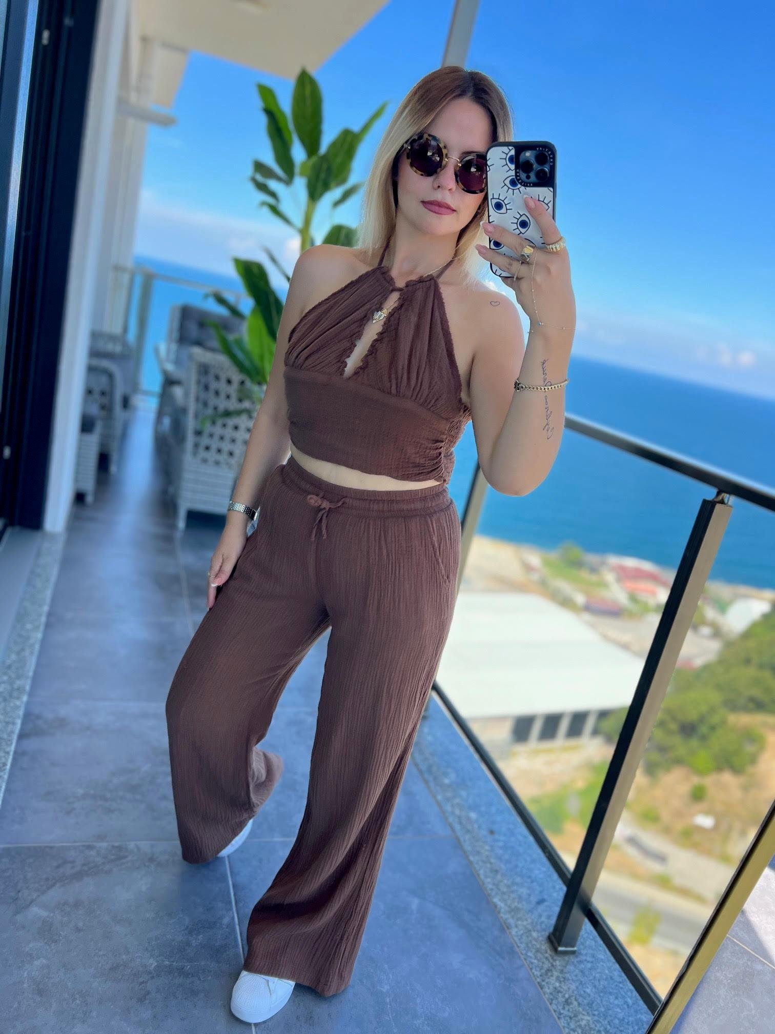 98658 Crop Pantolon Yakım KAHVE