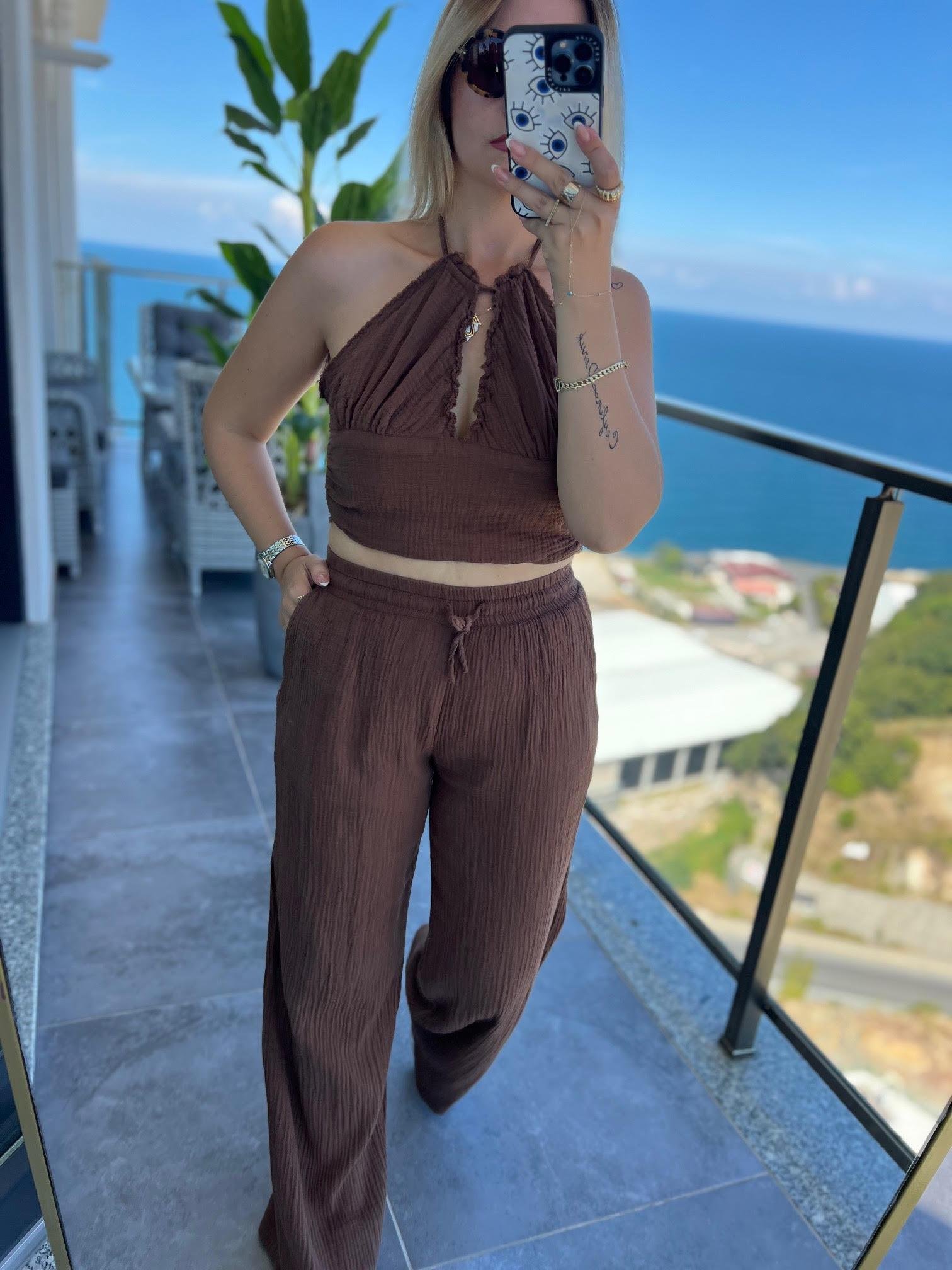 98658 Crop Pantolon Yakım KAHVE