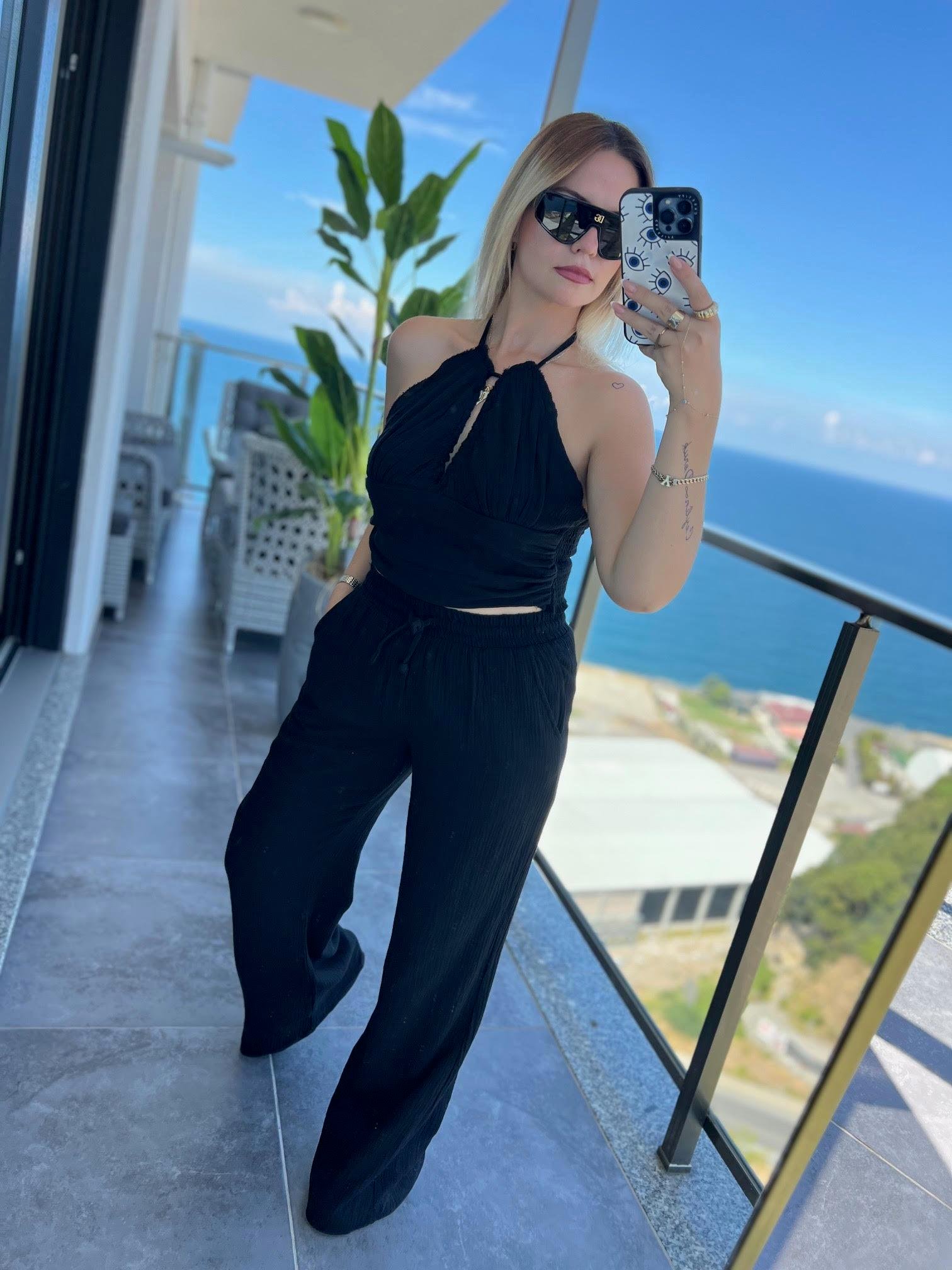 98658 Crop Pantolon Yakım SİYAH