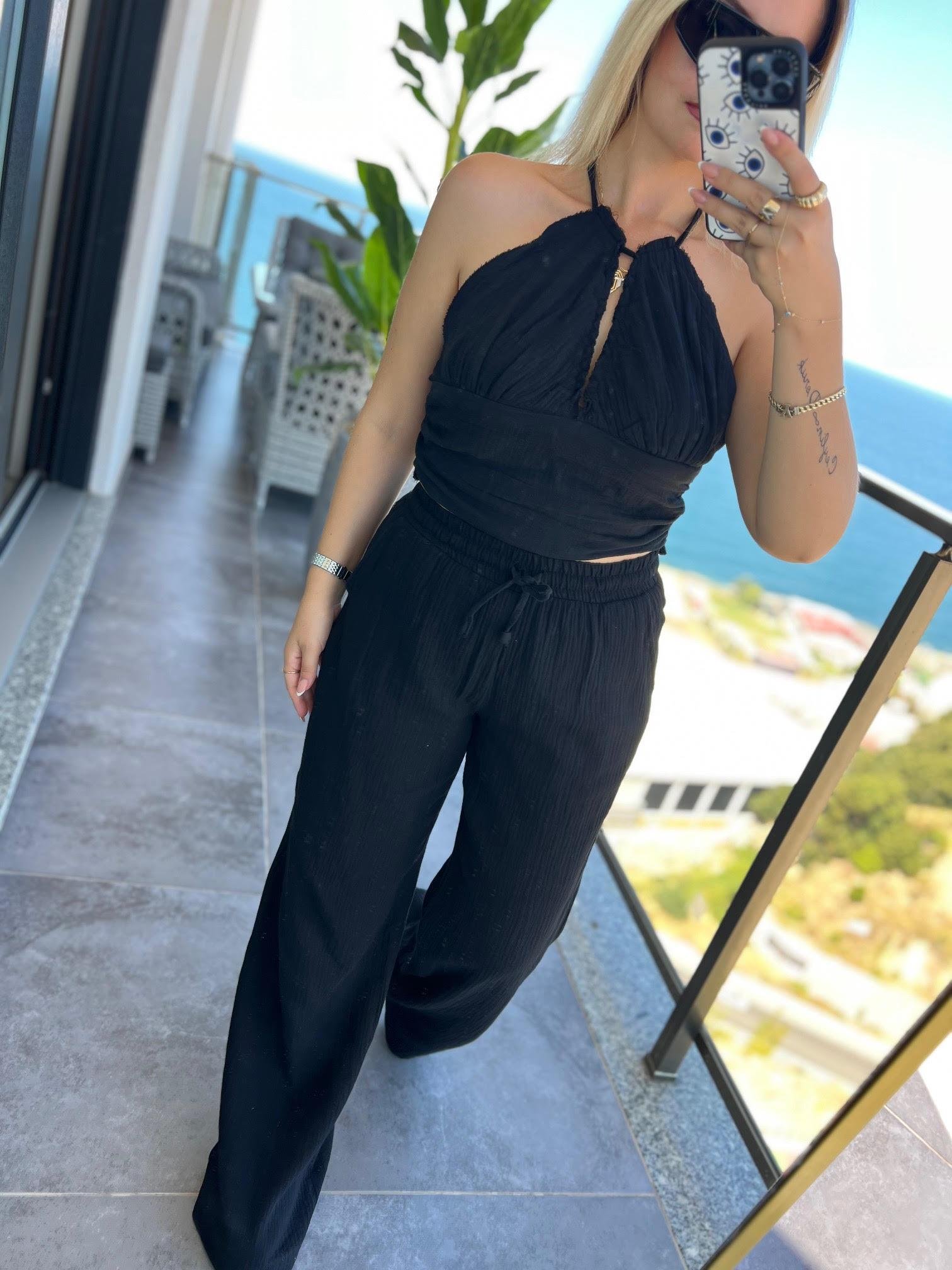 98658 Crop Pantolon Yakım SİYAH