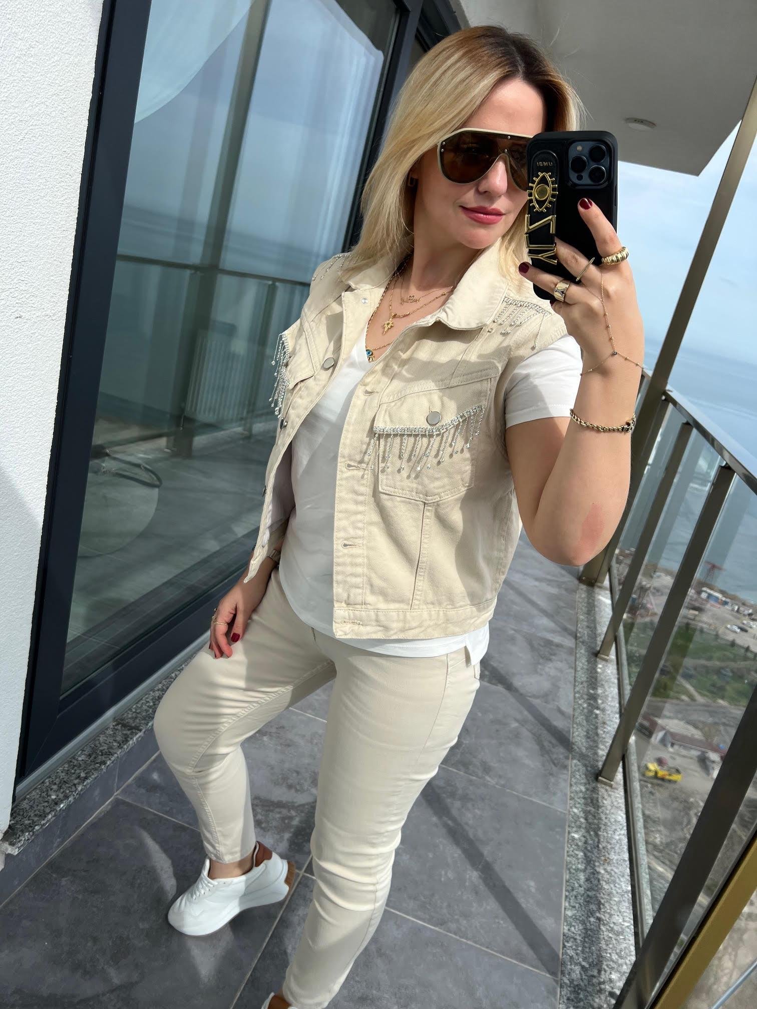 99022 Taşlı Kot Ceket EKRU