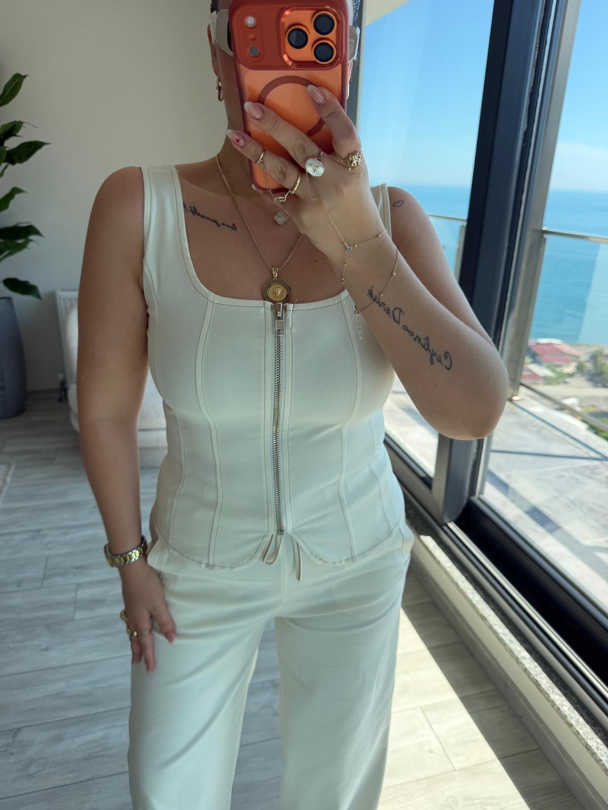9931 Fermuarlı Bluz EKRU