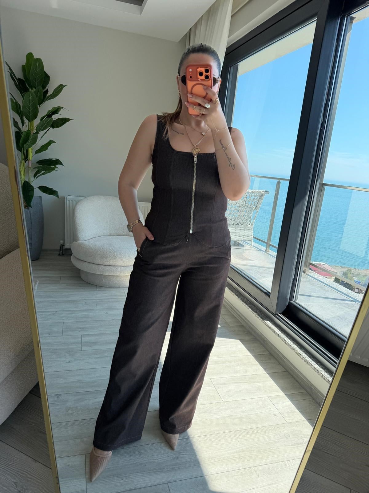 9931 Fermuarlı Bluz KAHVE