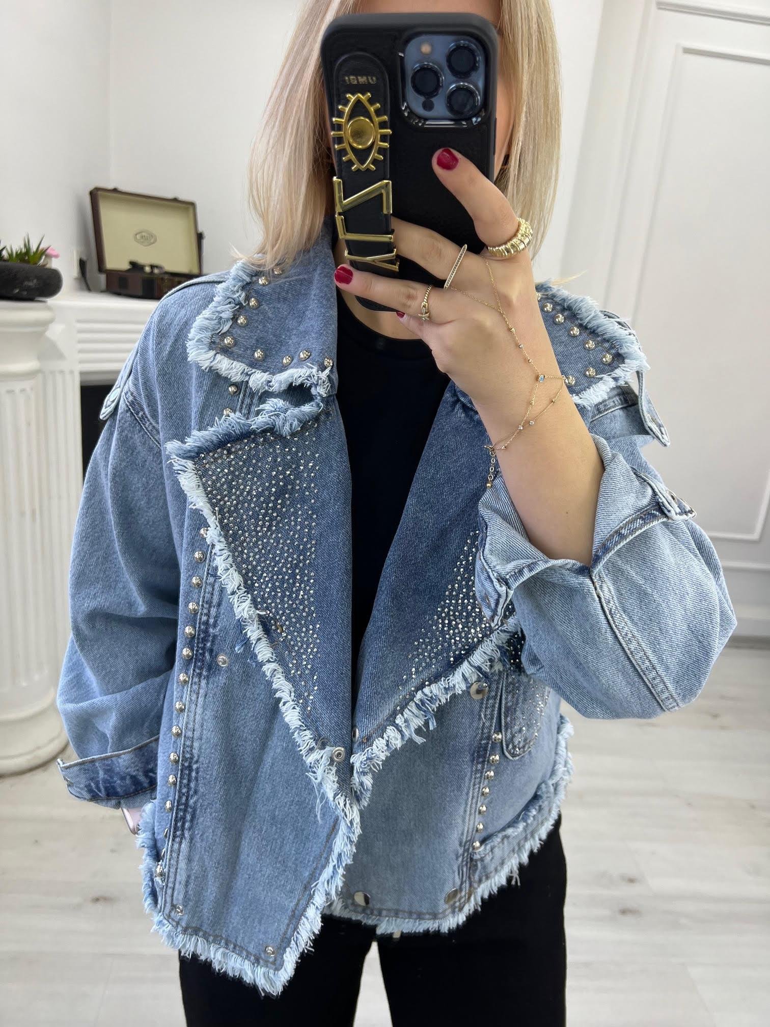 99382 Zımba ve Taş İşlemeli Jean Ceket