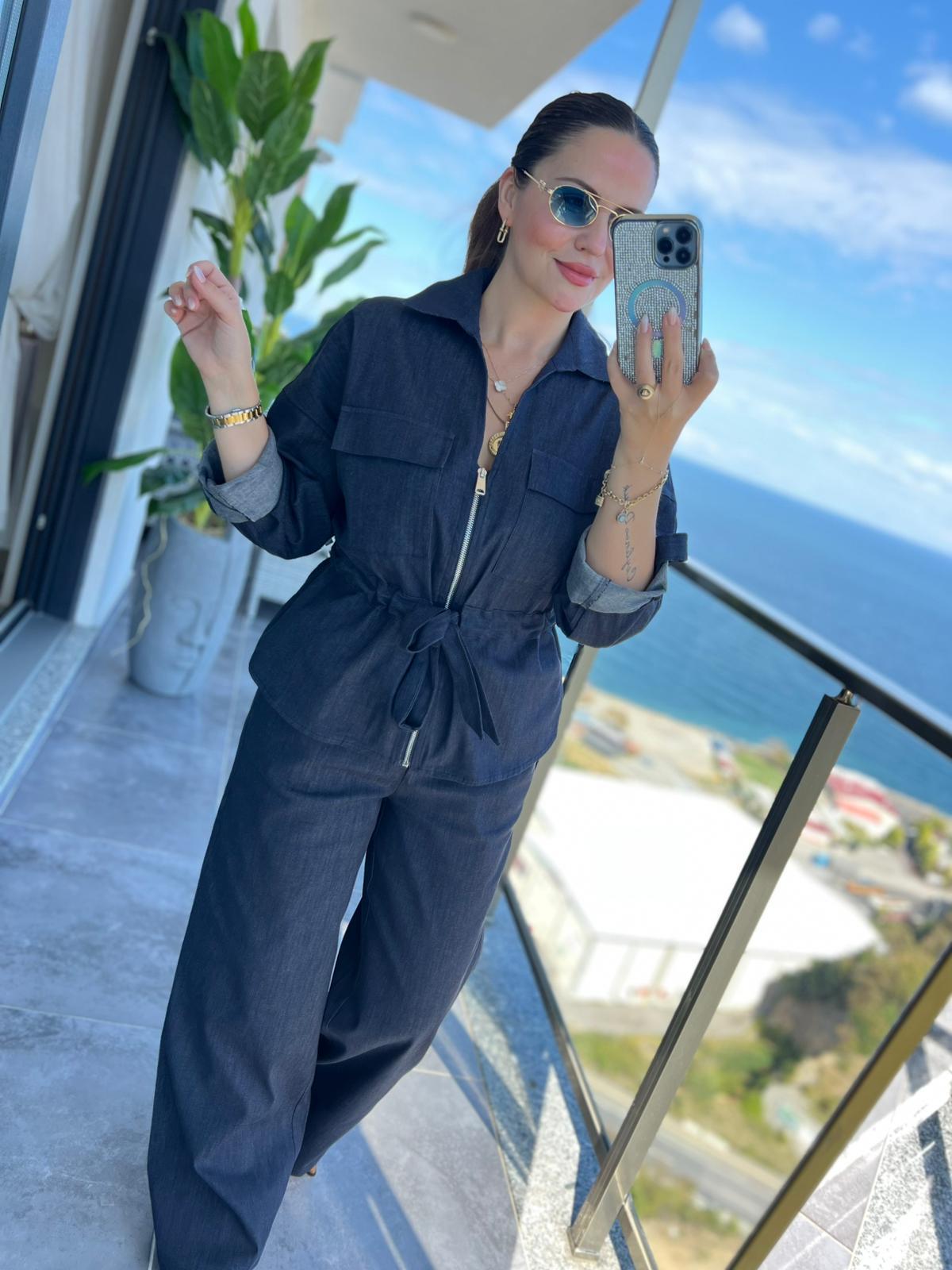 Beli Kordonlu Denim Takım LACİVERT