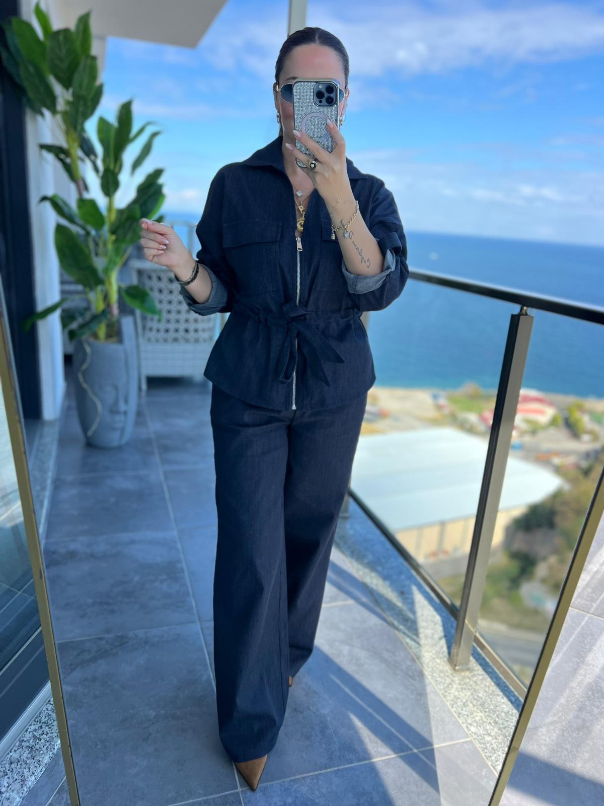Beli Kordonlu Denim Takım LACİVERT