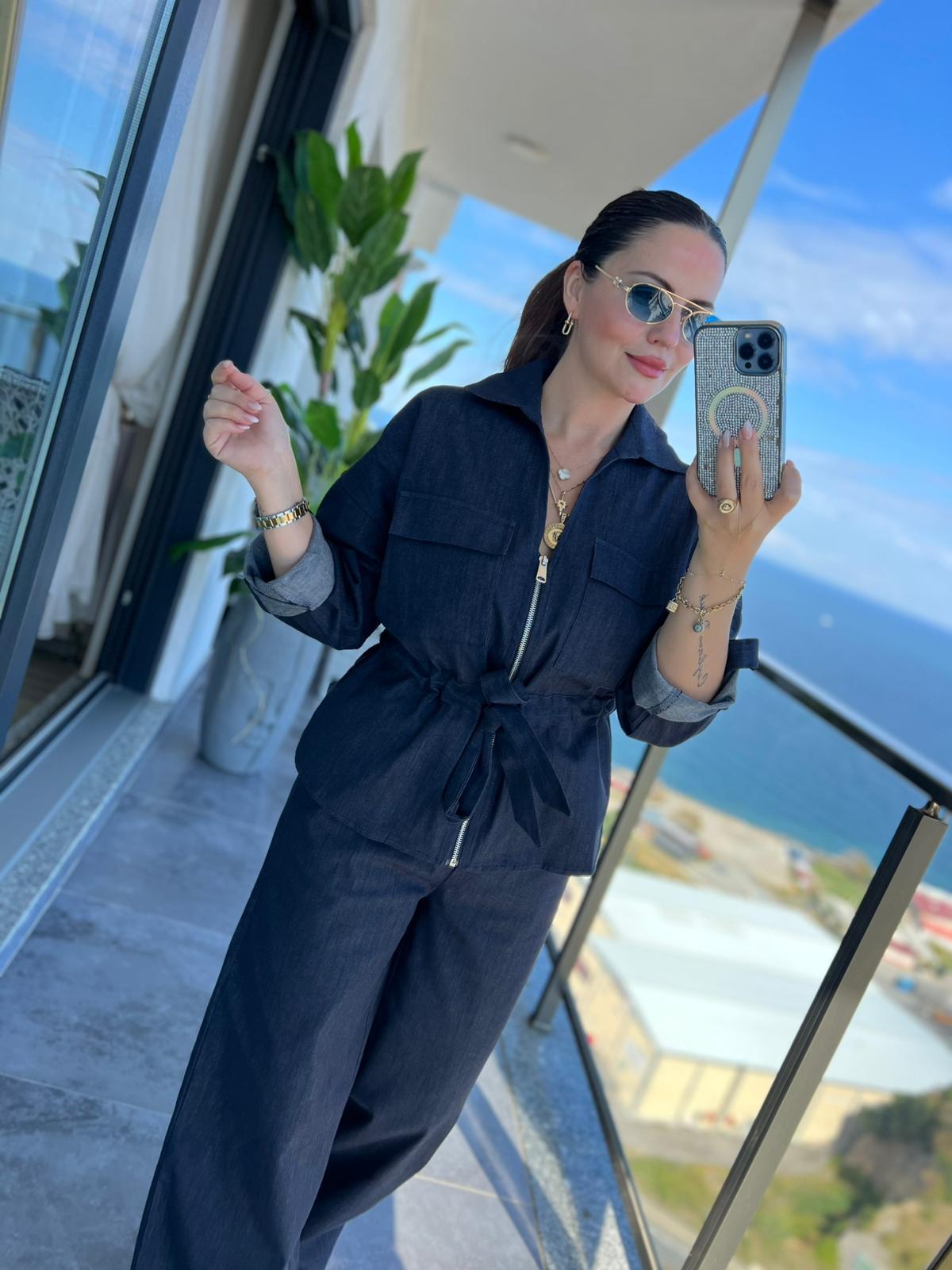 Beli Kordonlu Denim Takım LACİVERT