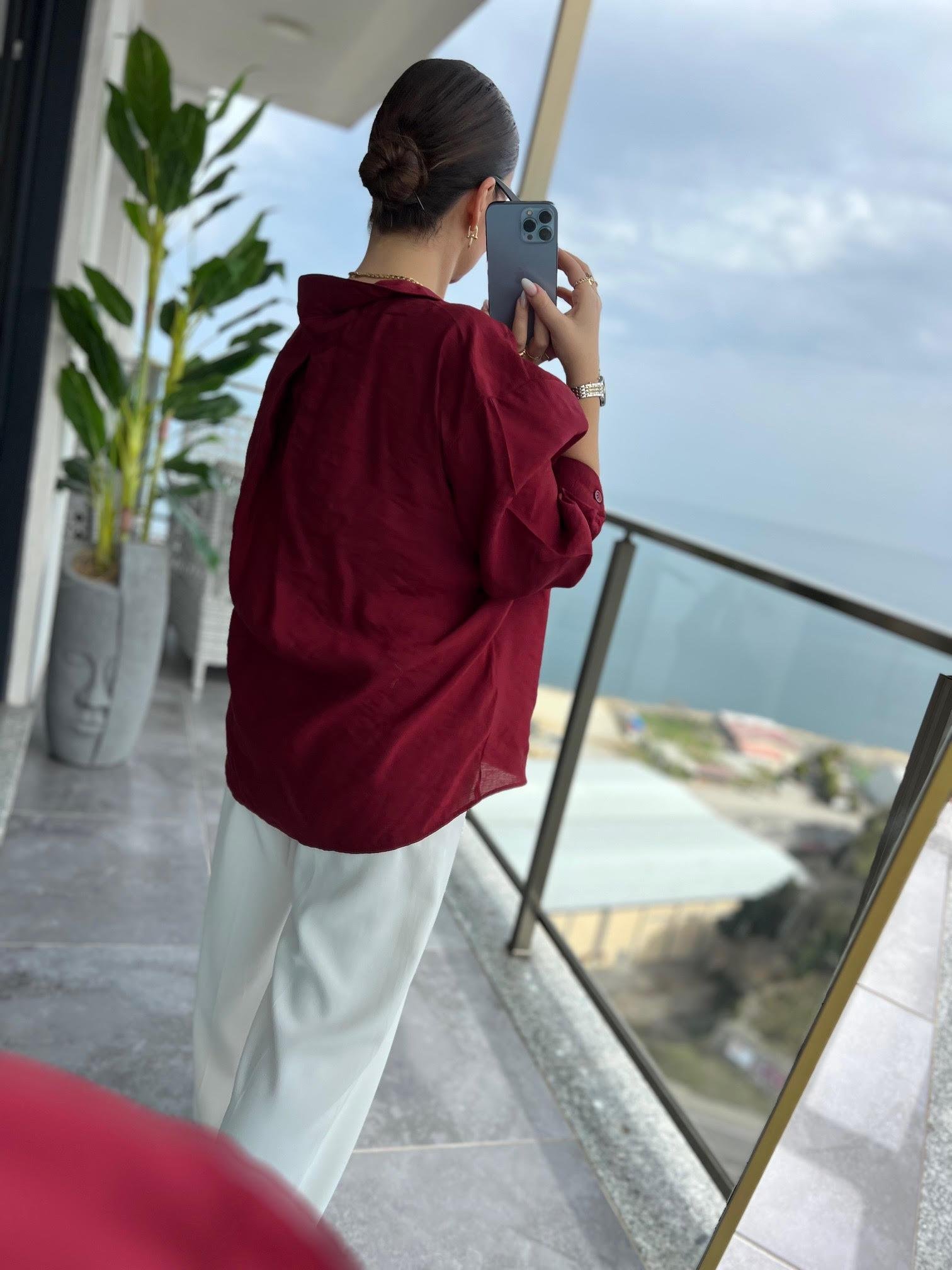Düşük Omuz Owersize Gömlek BORDO
