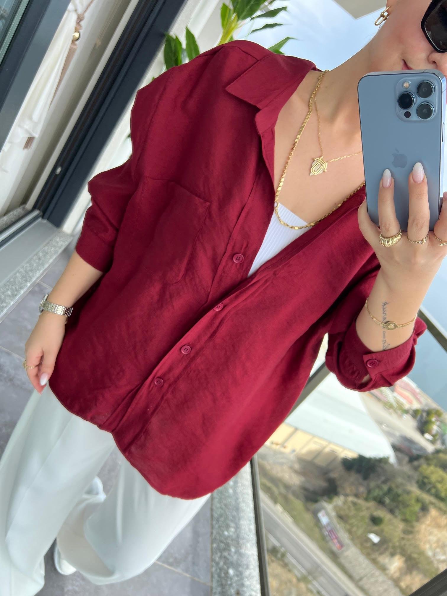 Düşük Omuz Owersize Gömlek BORDO