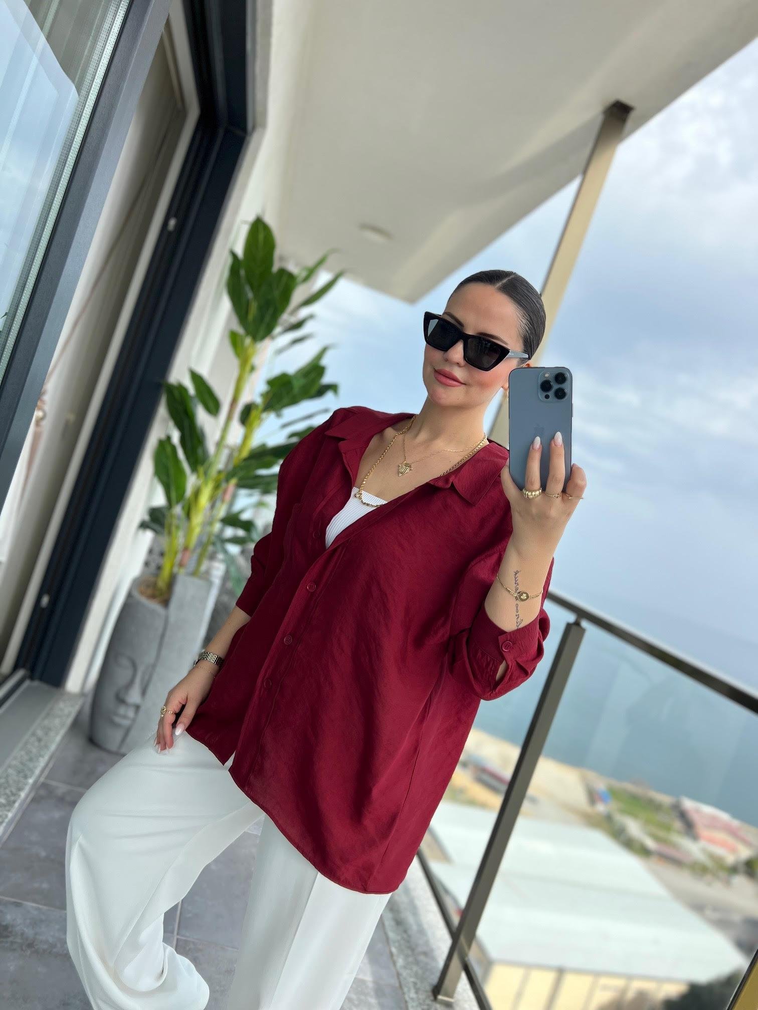 Düşük Omuz Owersize Gömlek BORDO