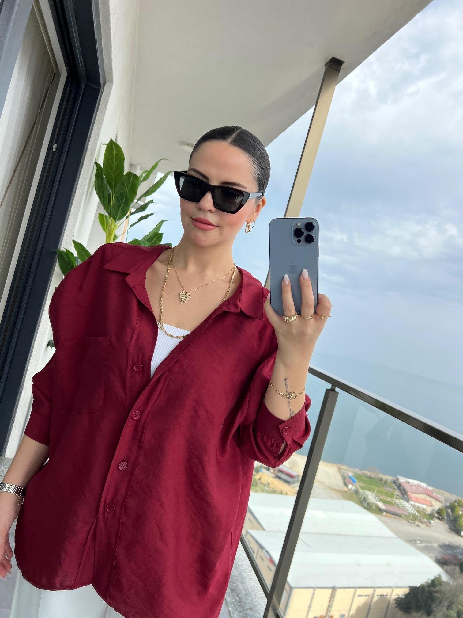 Düşük Omuz Owersize Gömlek BORDO