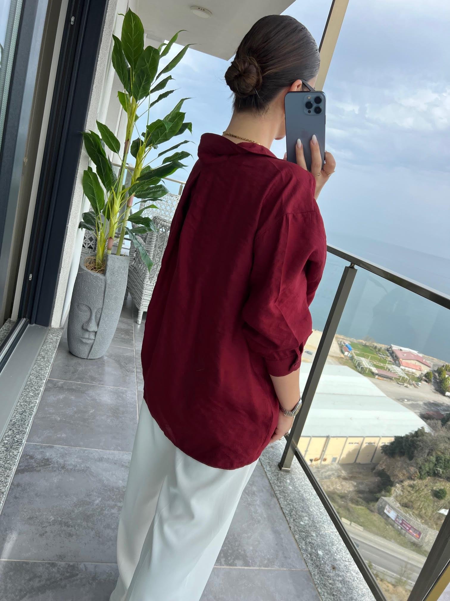 Düşük Omuz Owersize Gömlek BORDO