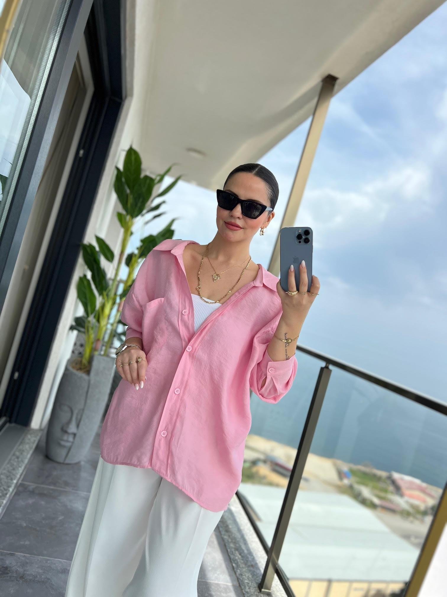 Düşük Omuz Owersize Gömlek PEMBE