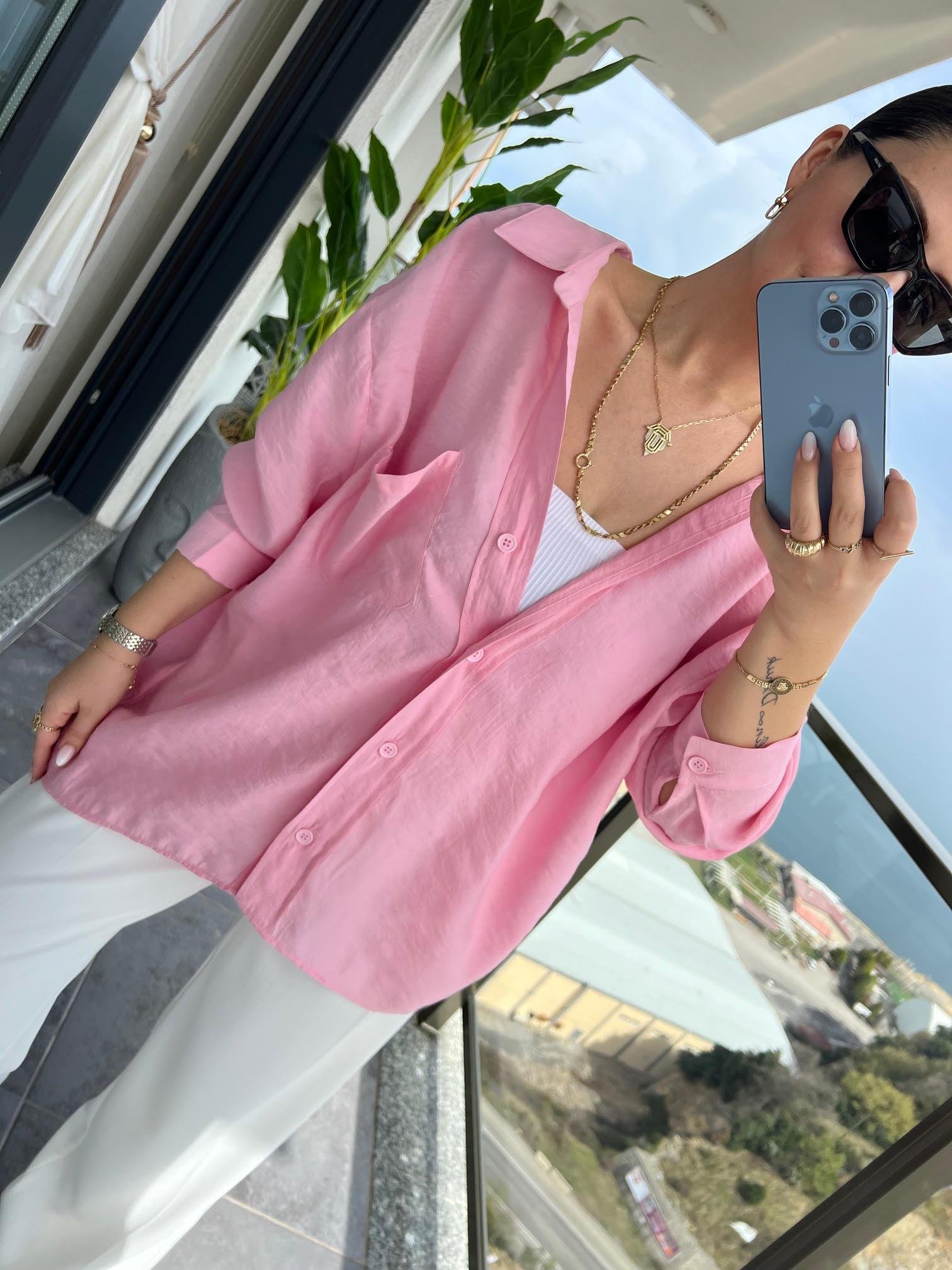 Düşük Omuz Owersize Gömlek PEMBE
