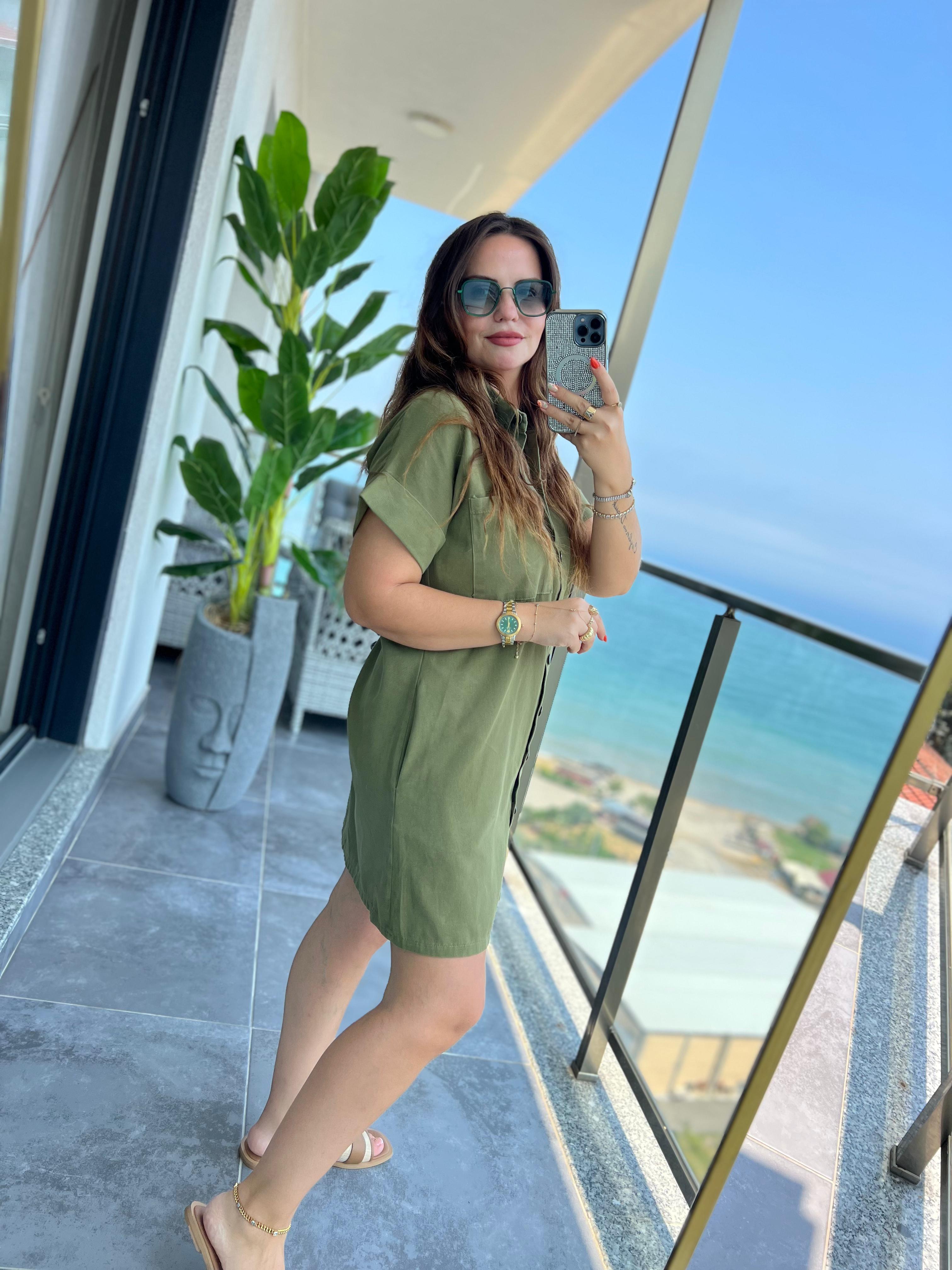 Gabardin Yıkamalı Elbise HAKİ YEŞİL