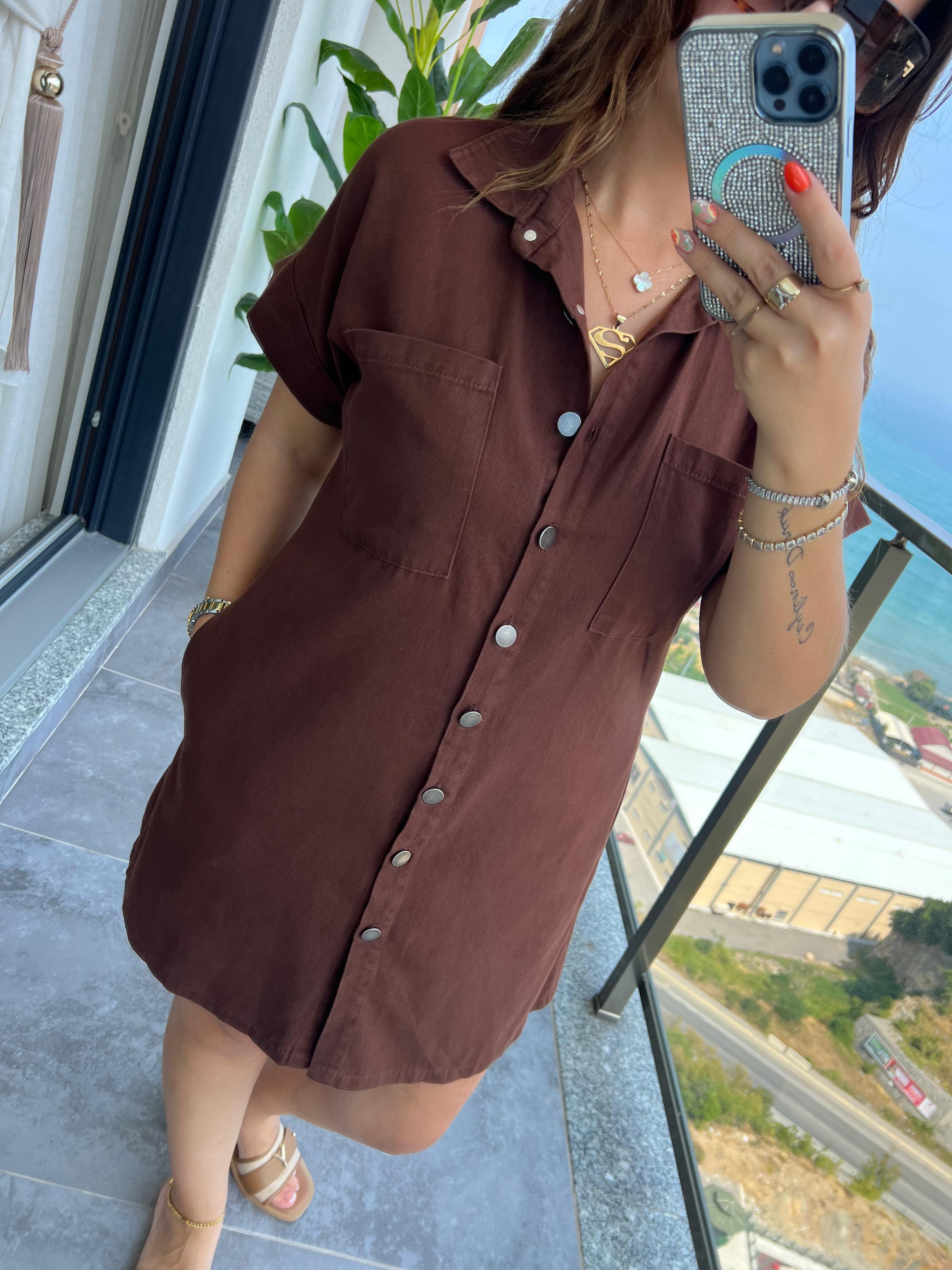 Gabardin Yıkamalı Elbise KAHVE