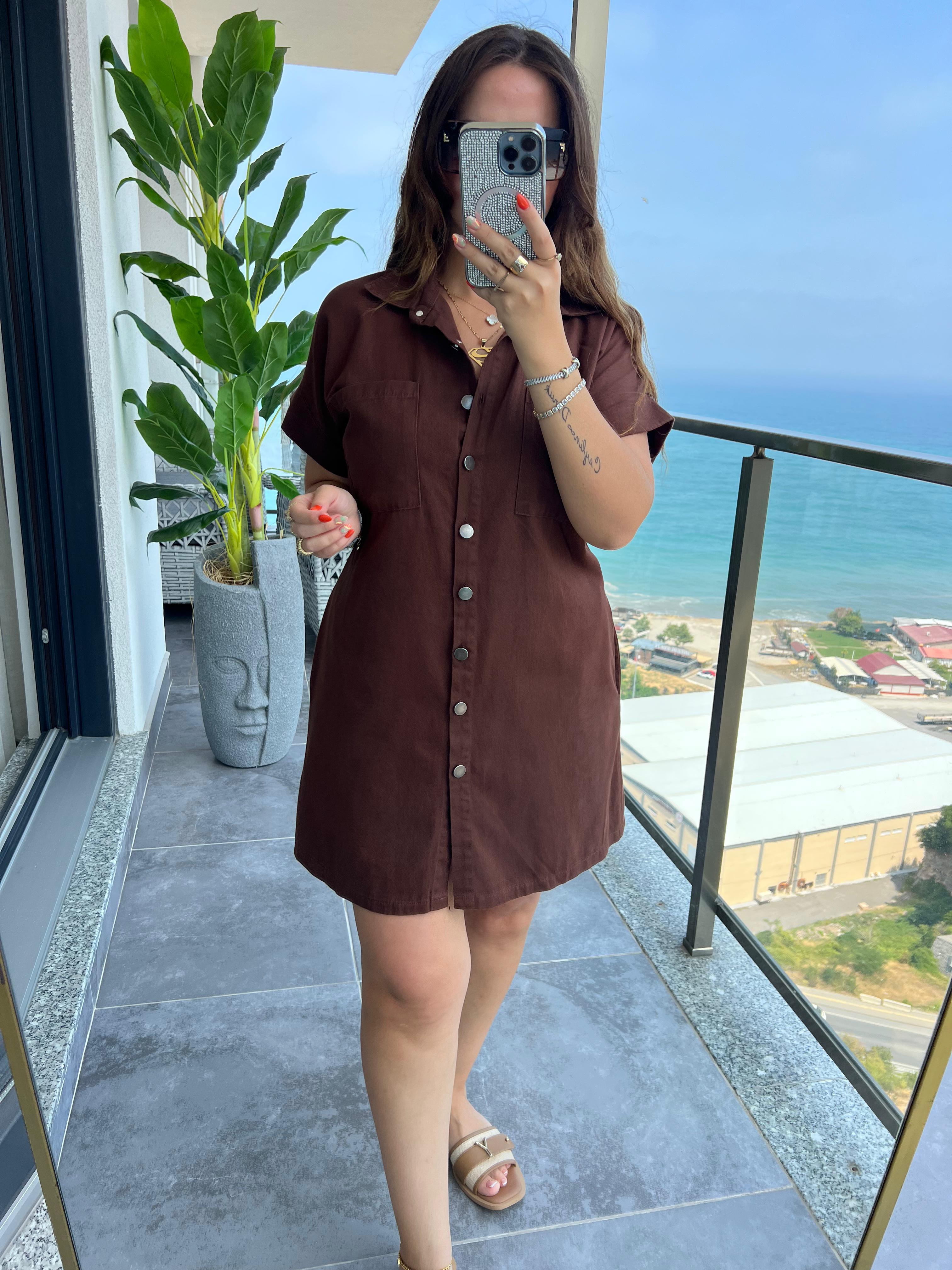 Gabardin Yıkamalı Elbise KAHVE