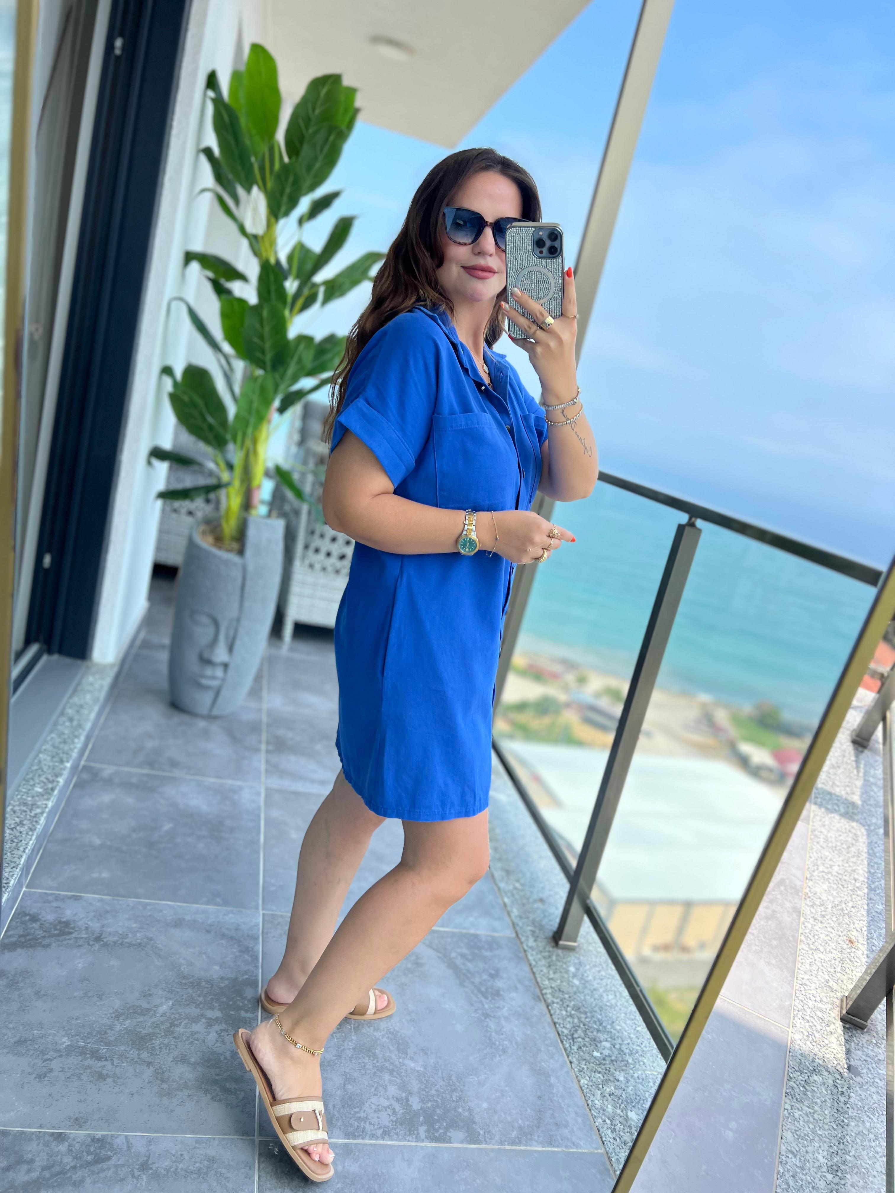 Gabardin Yıkamalı Elbise MAVİ