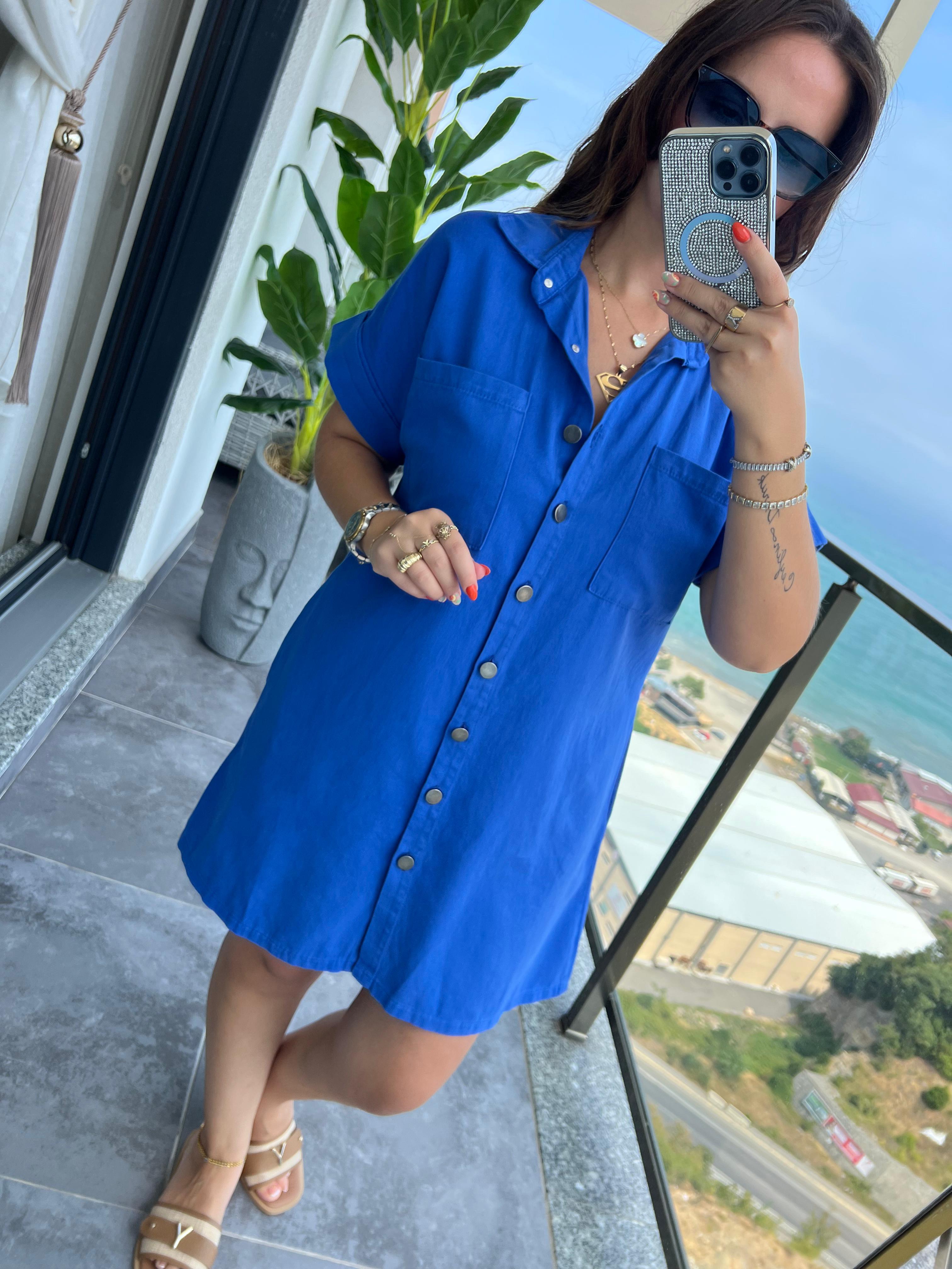 Gabardin Yıkamalı Elbise MAVİ