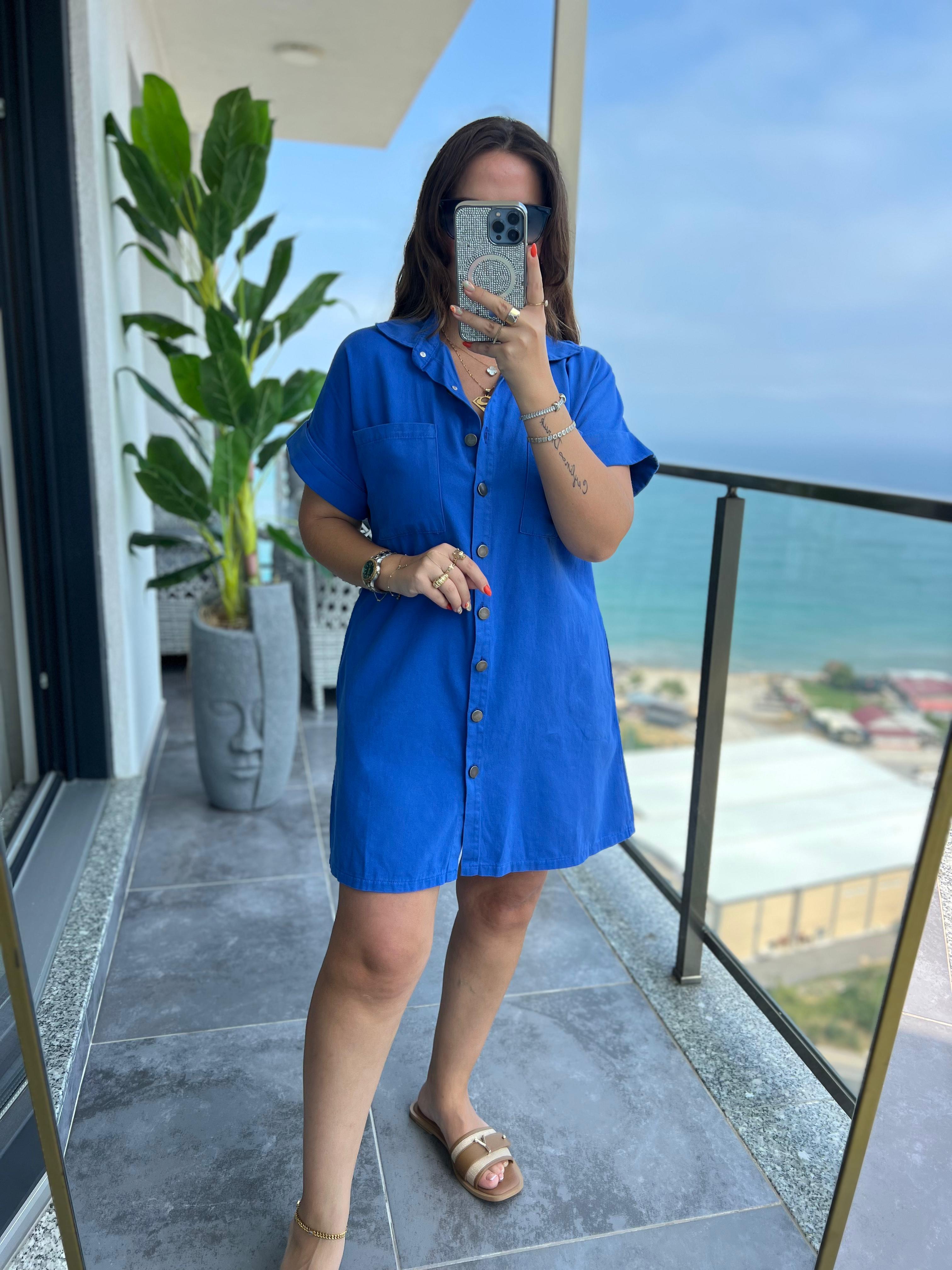 Gabardin Yıkamalı Elbise MAVİ
