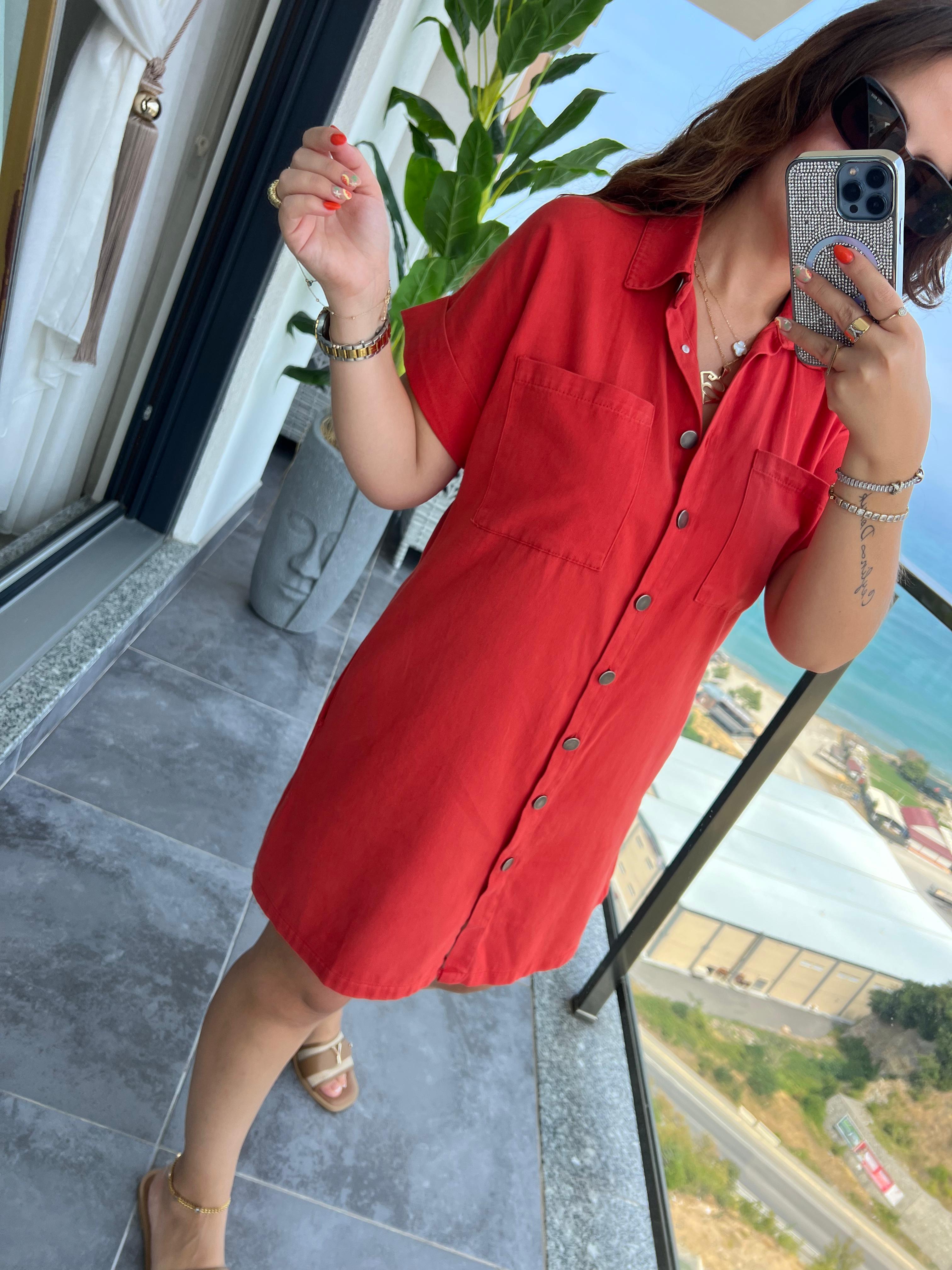 Gabardin Yıkamalı Elbise MERCAN