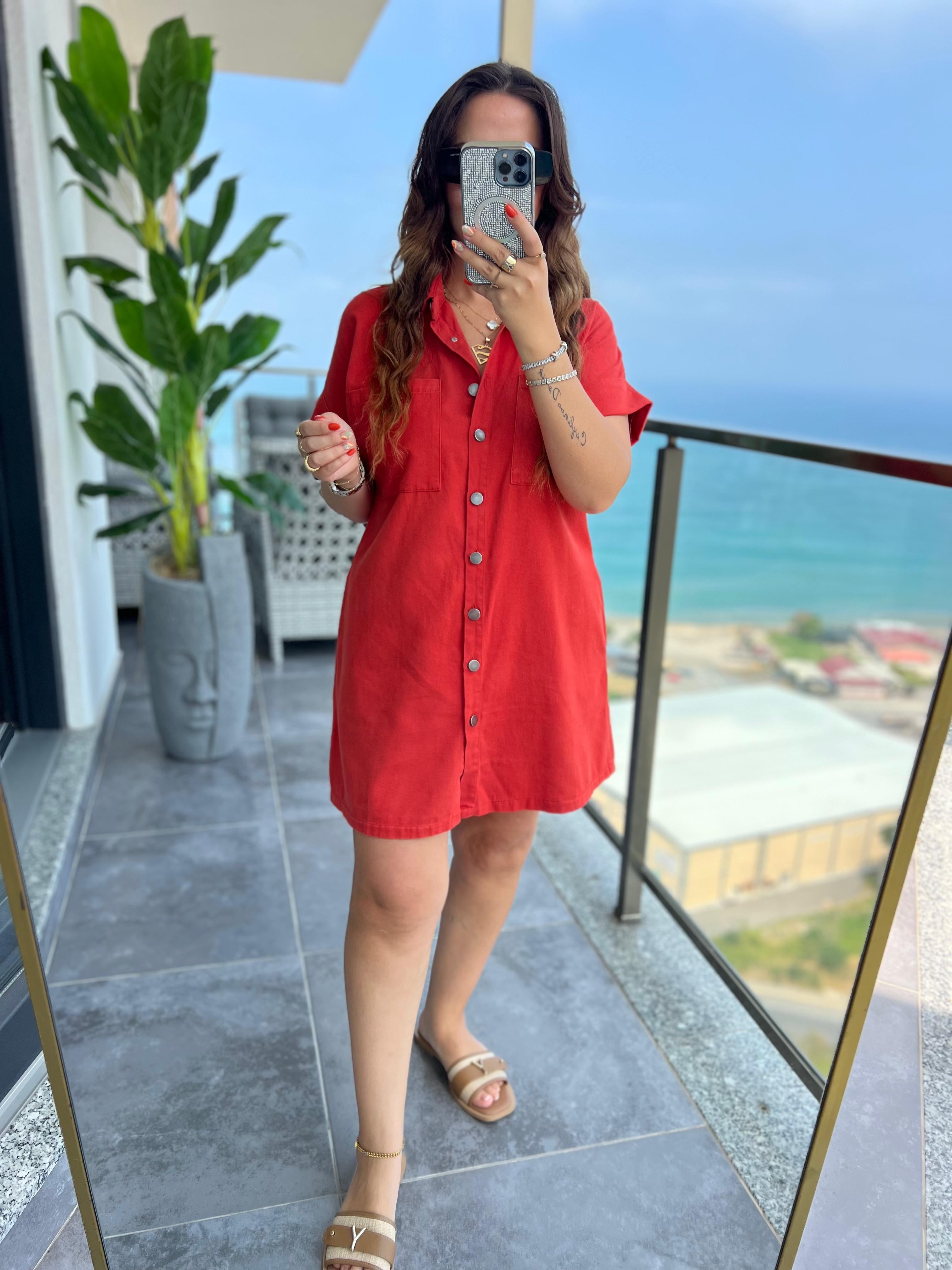 Gabardin Yıkamalı Elbise MERCAN