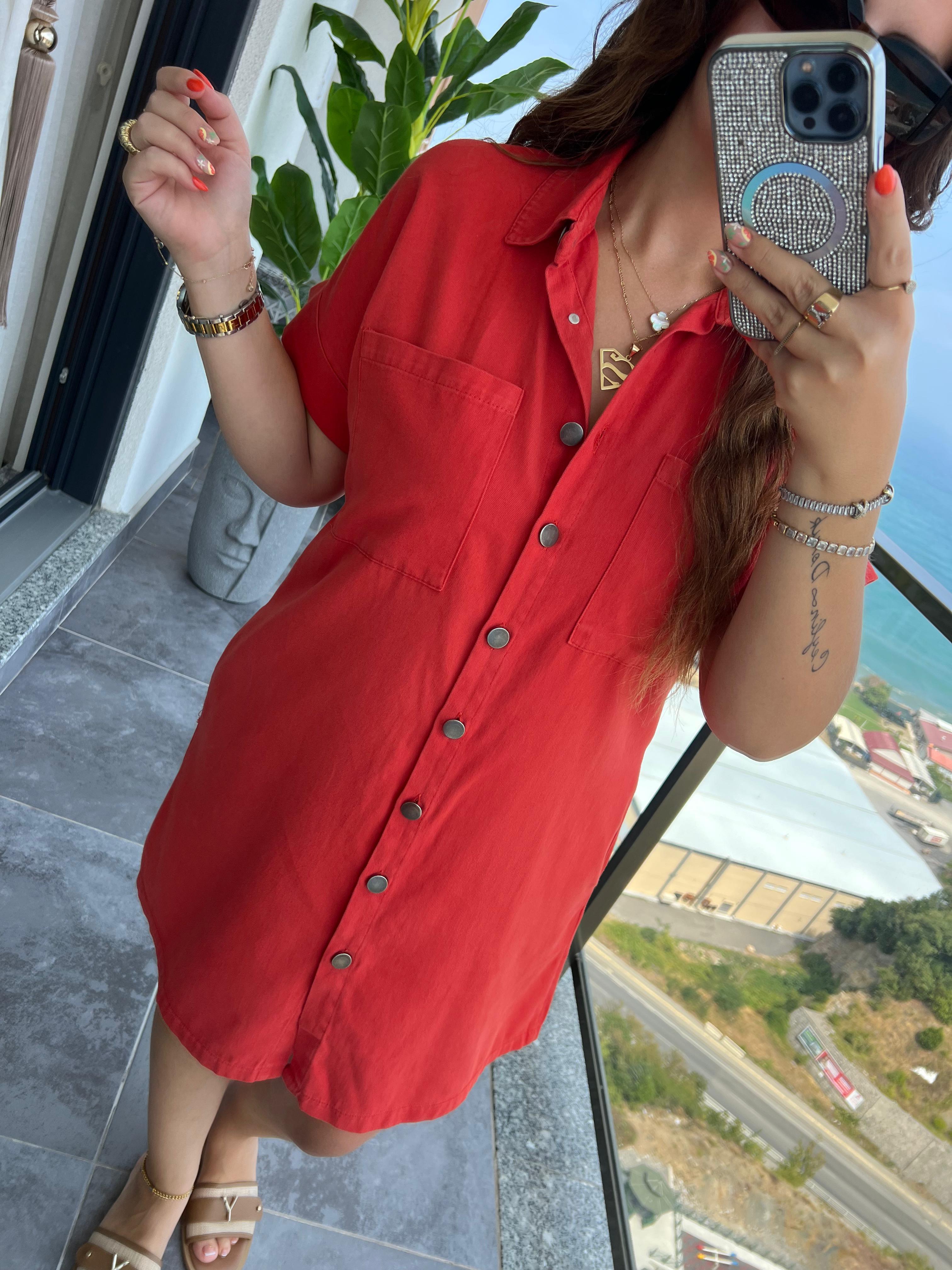 Gabardin Yıkamalı Elbise MERCAN