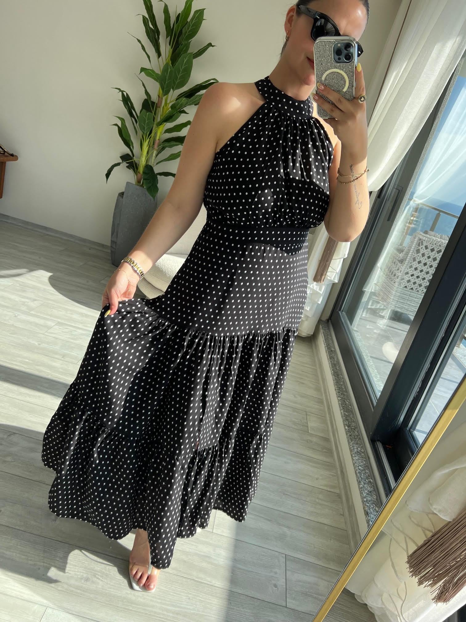 Halter Yaka Puantiyeli Elbise SİYAH
