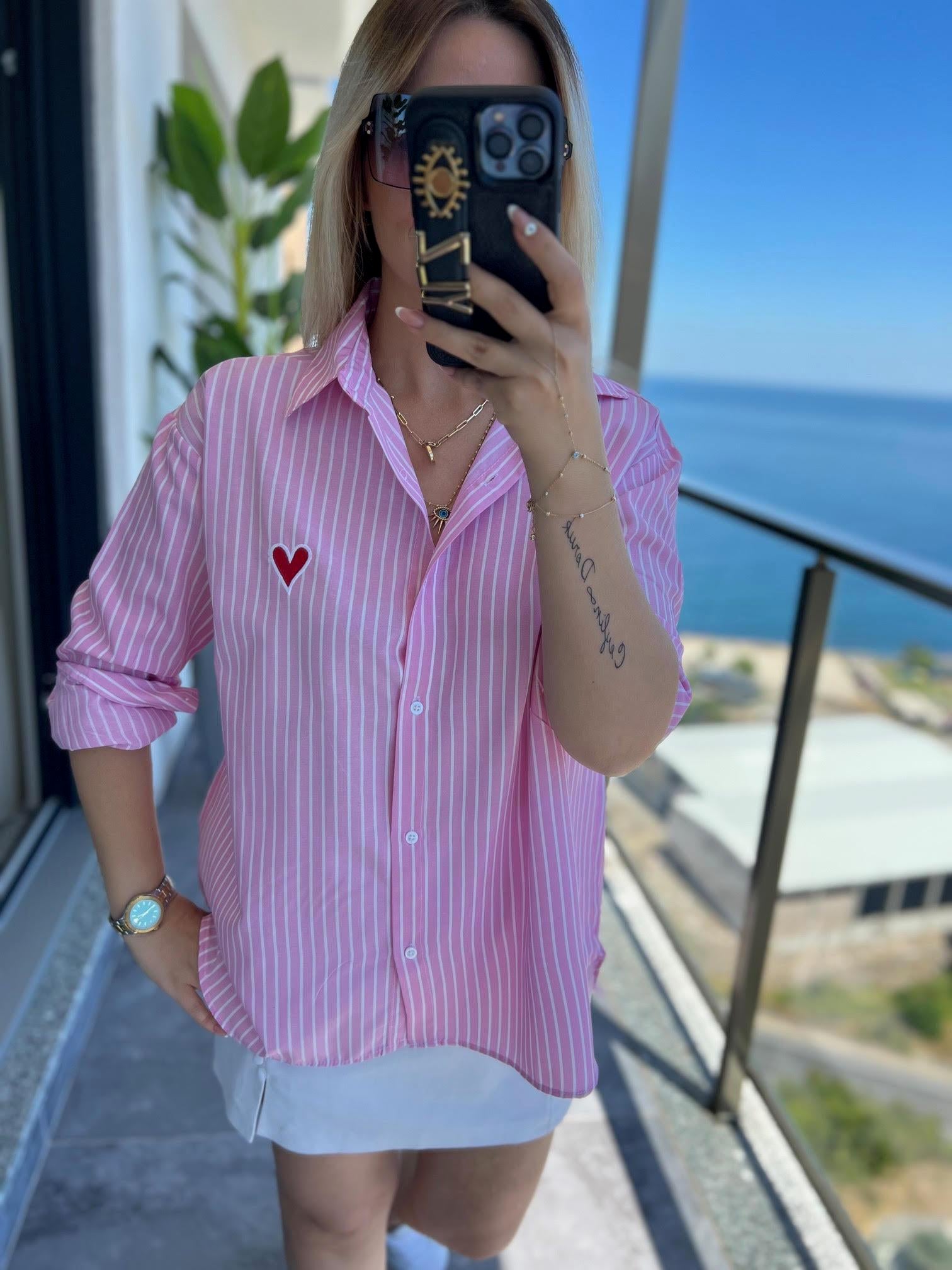 Kalp Nakışlı Gömlek PEMBE