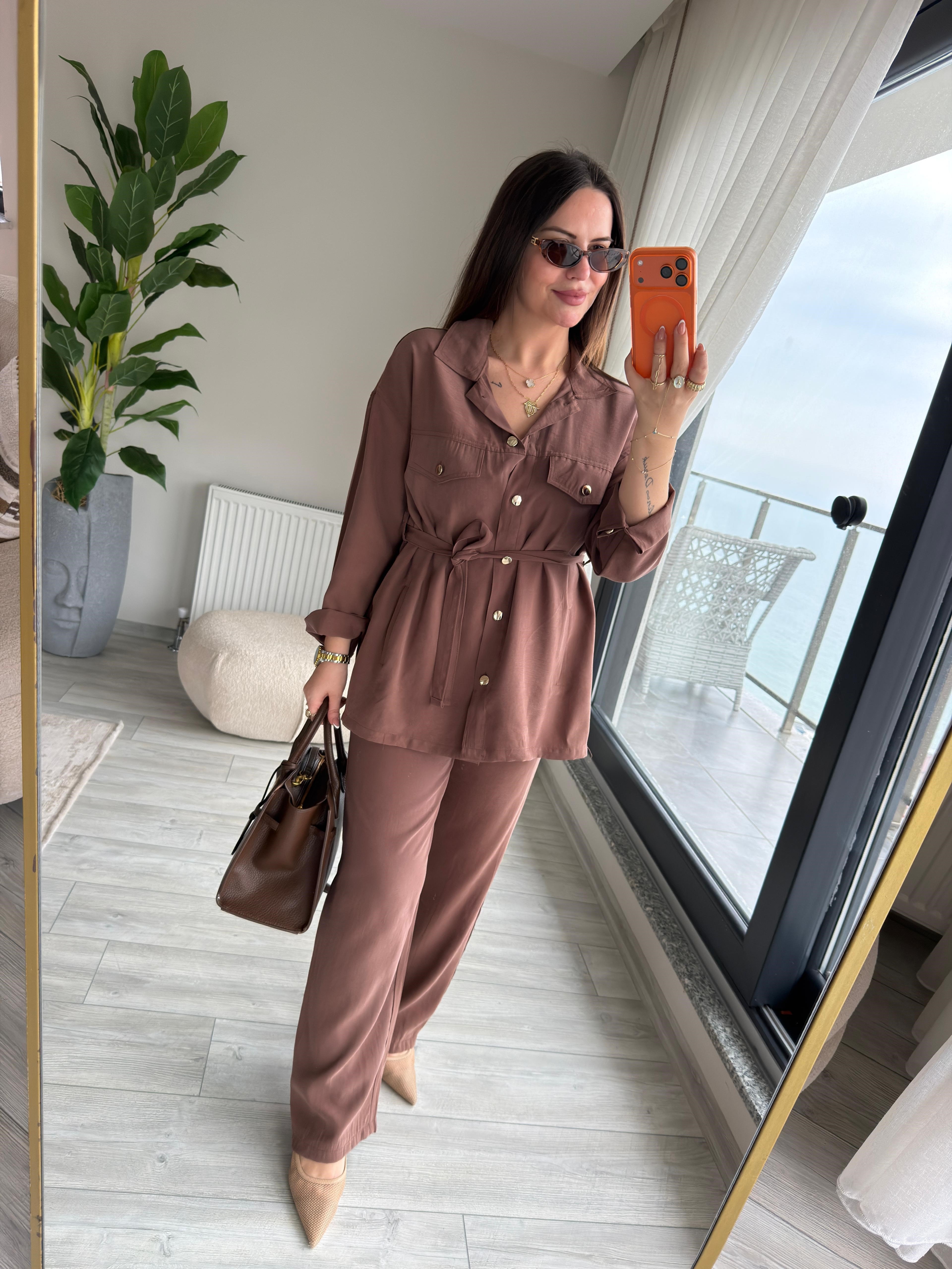Kemerli Tencel Takım KAHVE