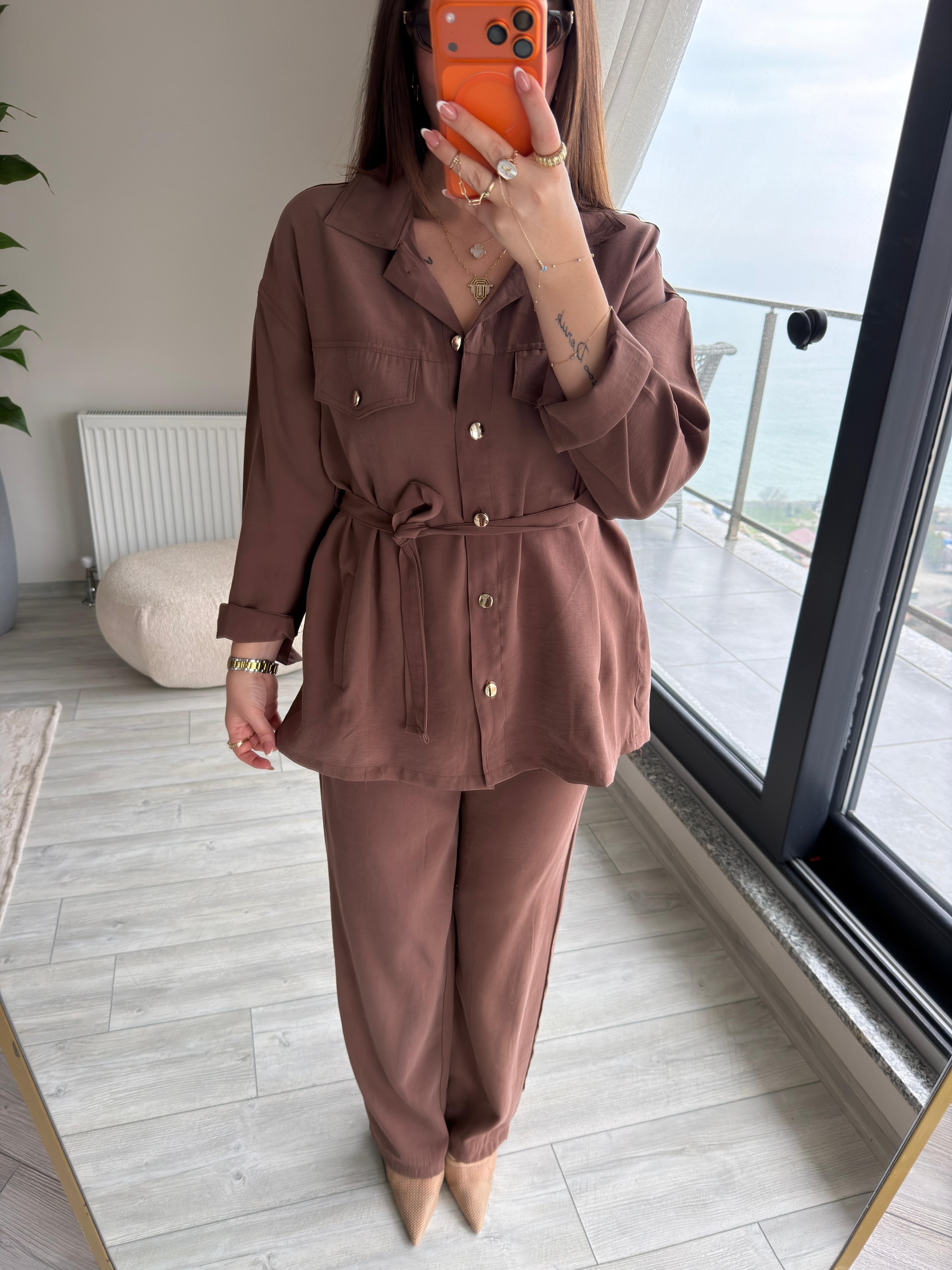Kemerli Tencel Takım KAHVE