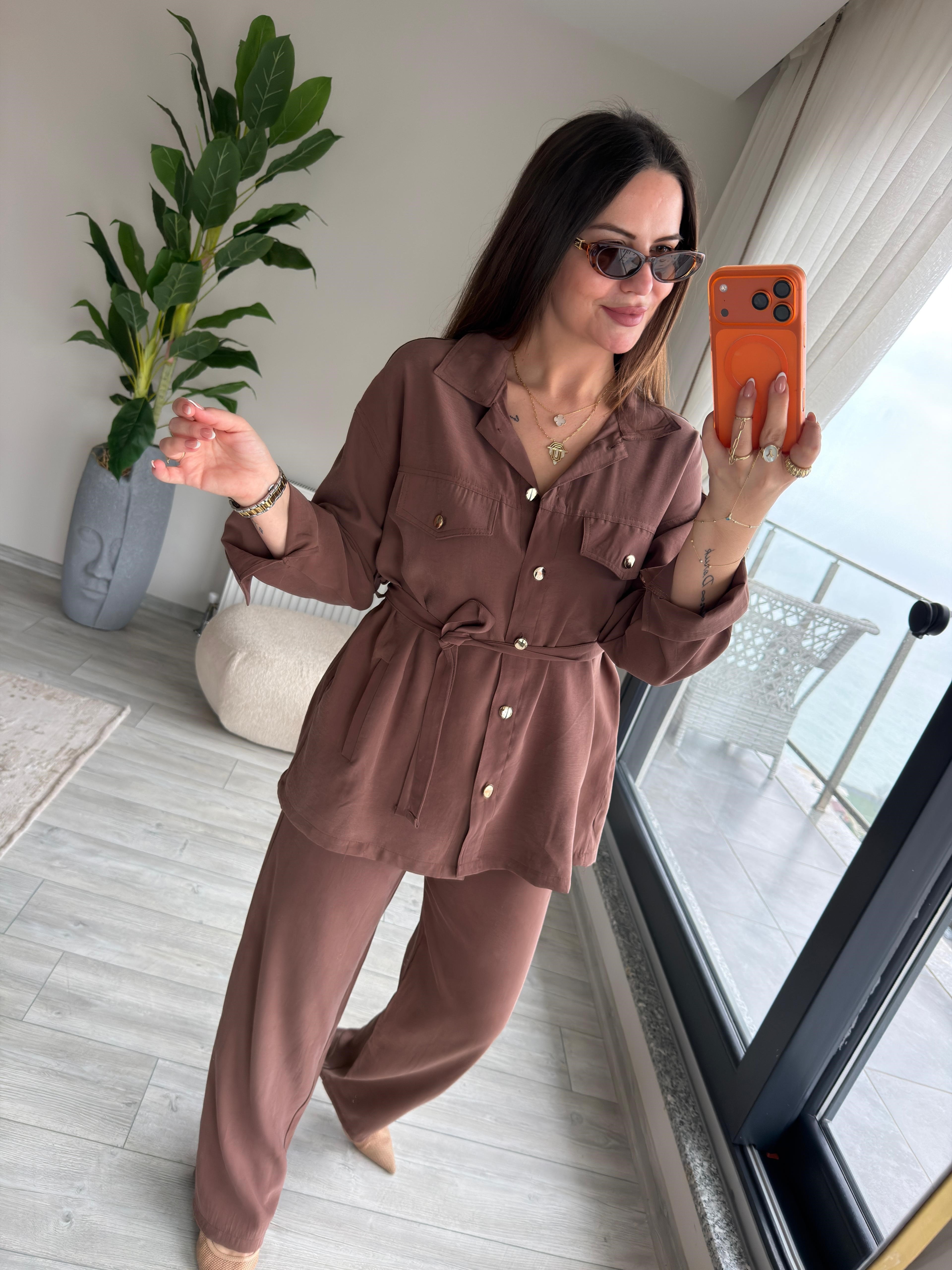 Kemerli Tencel Takım KAHVE