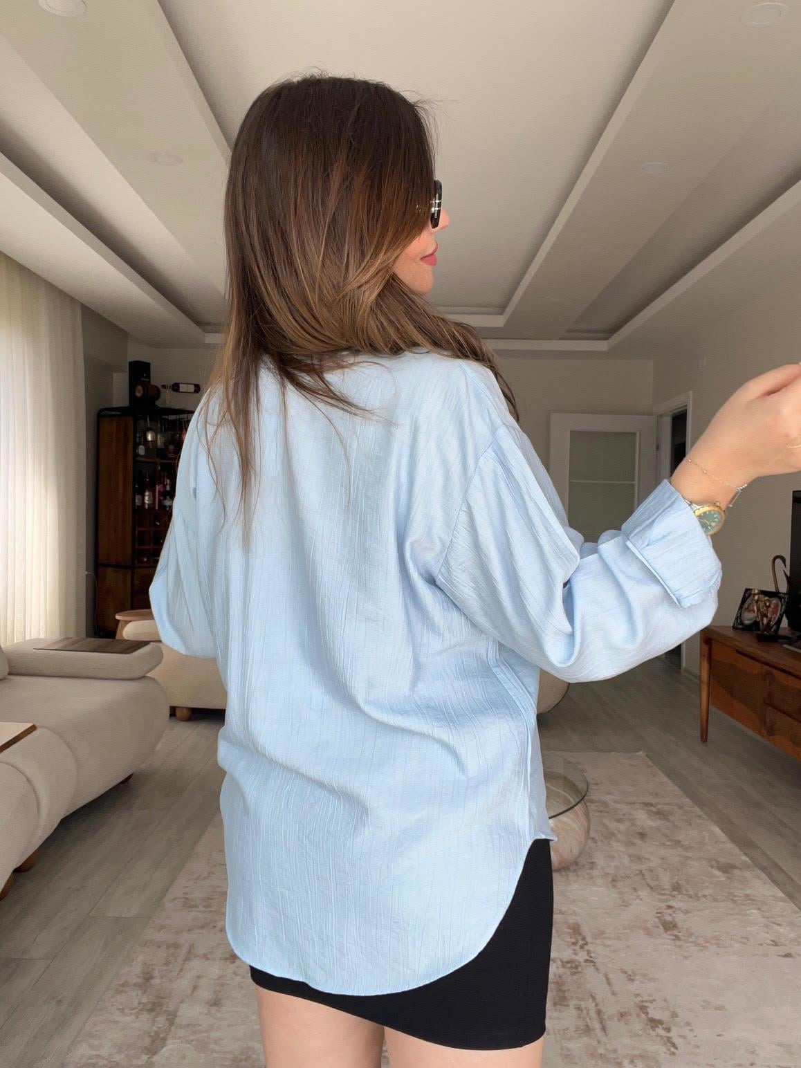 Kendinden Çizgili Gömlek BEBE MAVİ