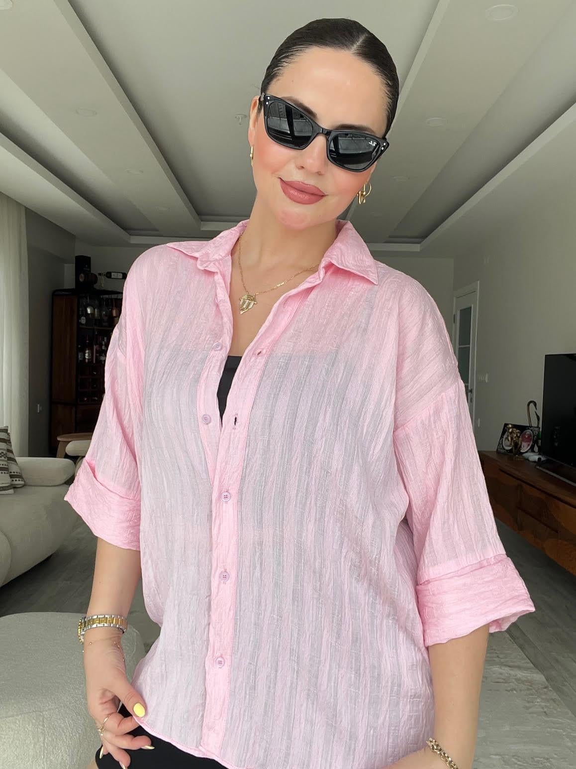 Kısa Kollu Arka Detay Gömlek PEMBE