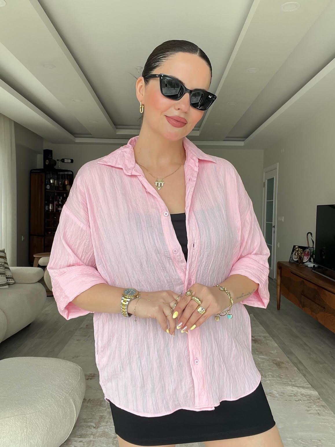 Kısa Kollu Arka Detay Gömlek PEMBE